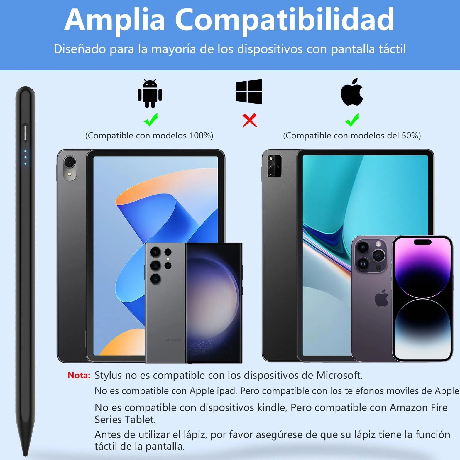 Penna Stilo Universale per Tablet Android, Compatibile con Samsung/Lenovo/Huawei/Mi/iPhone, Sensibile all'Inclinazione (Nero)