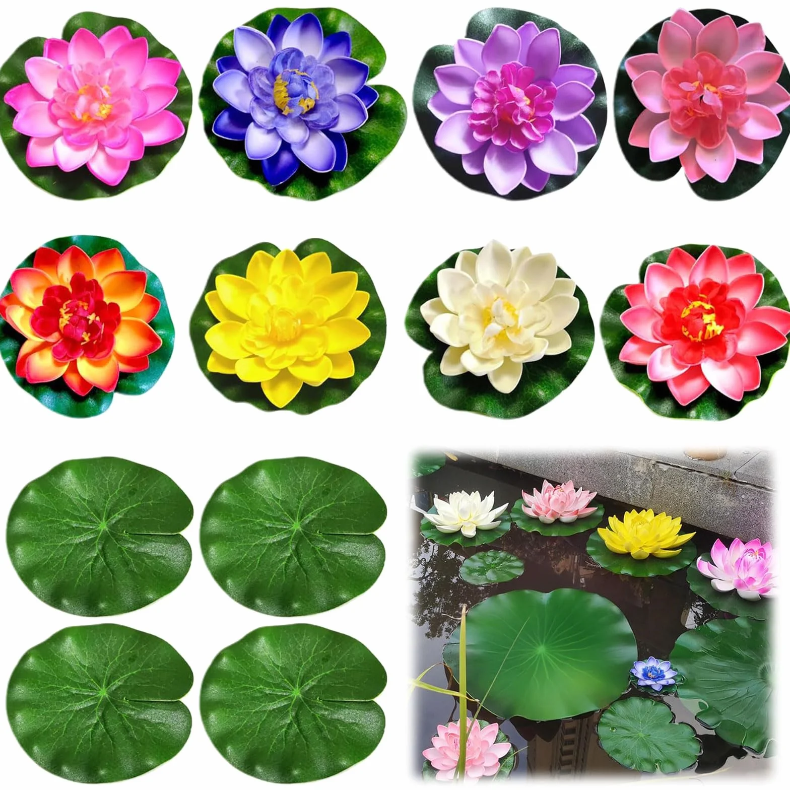8 fiori di loto artificiali realistici con 4 foglie di loto, 8 colori artificiali Seerosen Deco ideali per acquario, giardino, decorazione stagni e fontane