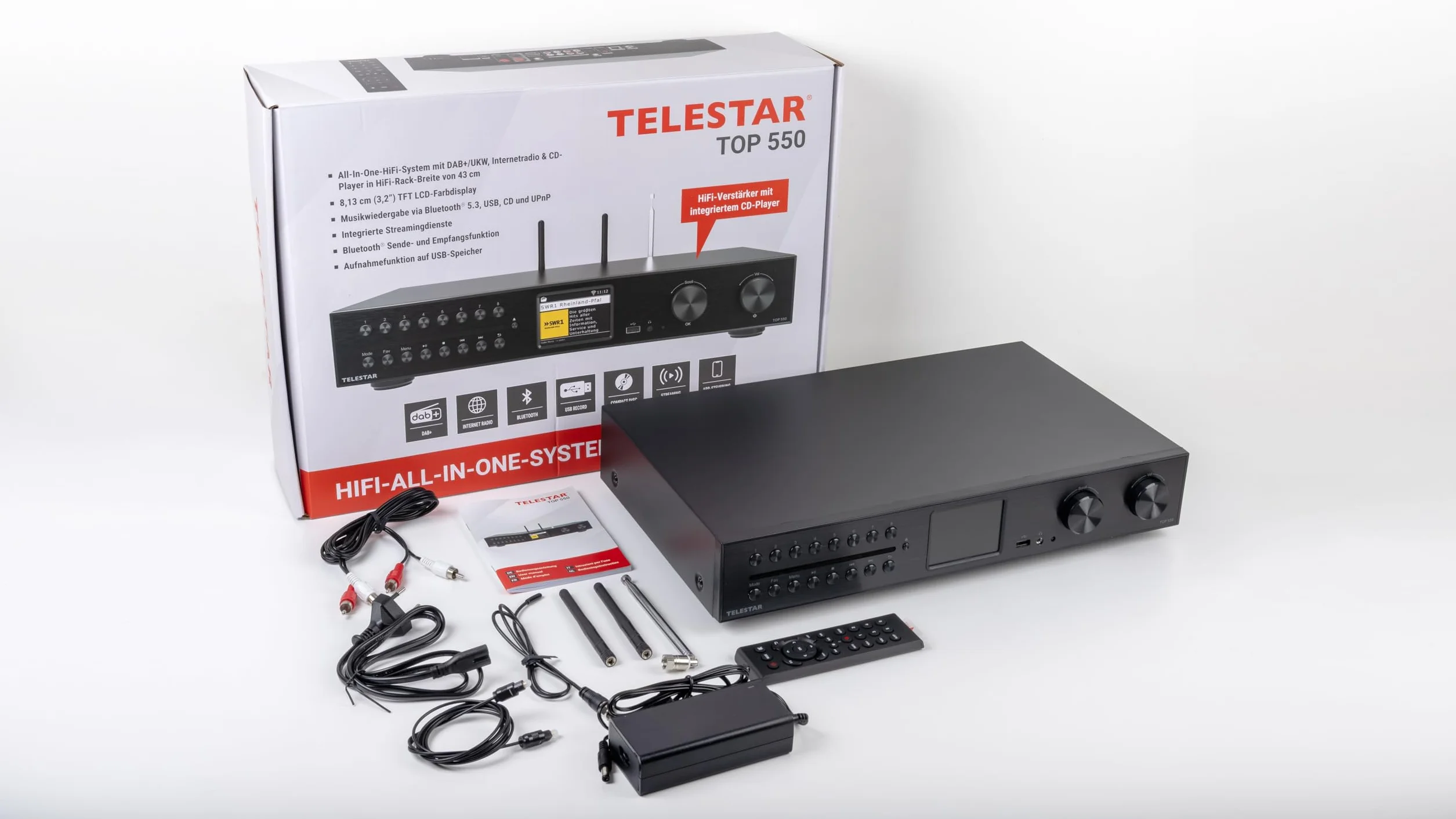 TELESTAR TOP 550 Sistema Hi-Fi con amplificatore e lettore CD 43 cm 2×30 W Radio Internet DAB+ Bluetooth Nero