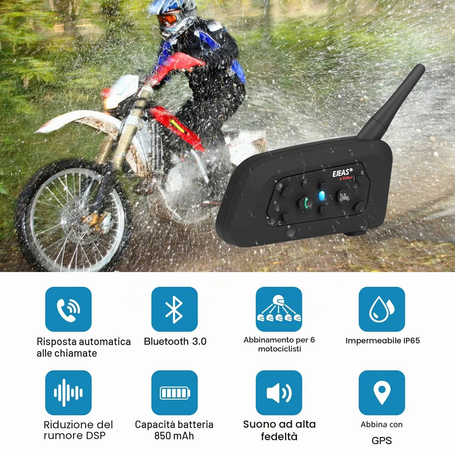 EJEAS V6 Pro Interfono Moto Bluetooth 1200M 2 Persone Wireless Full Duplex Connetti Fino a 6 Motociclisti (2 Confezione)