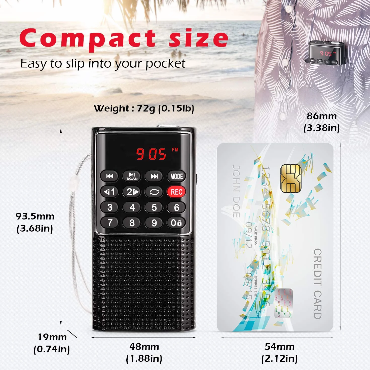 PRUNUS J-328 Mini Radio Portatile FM Walkman Digitale con Registratore, Lettore MP3, Batteria Ricaricabile, Nero
