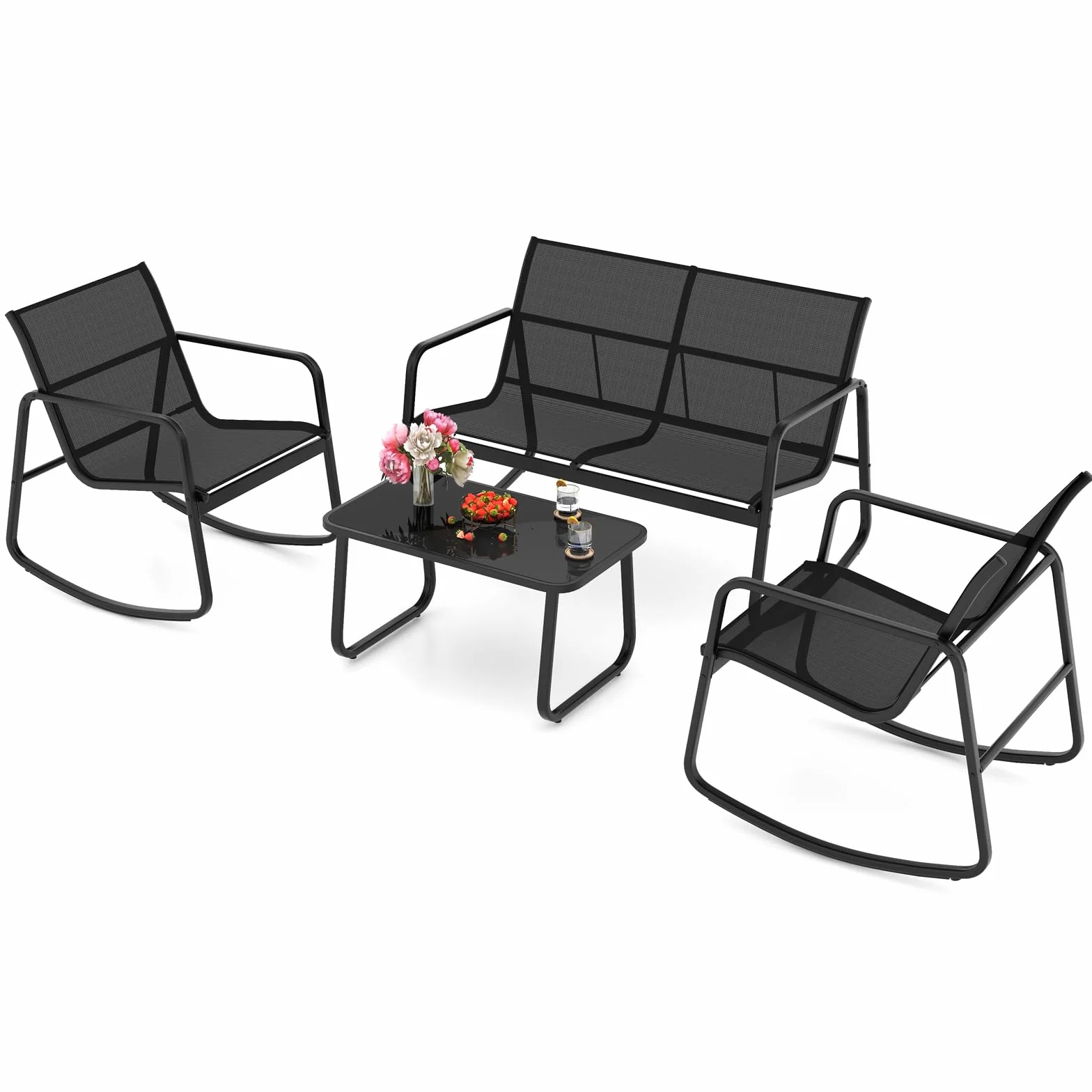 KOMFOTTEU Set da Bistrò in Tessuto Textilene, Set da Giardino in 4 Pezzi, Tavolo Portato 50 kg, 2 Sedie a Dondolo Portate 150 kg, e Divanetto Portato 300 kg, Set Tavolo e Sedie da Esterno (Nero)