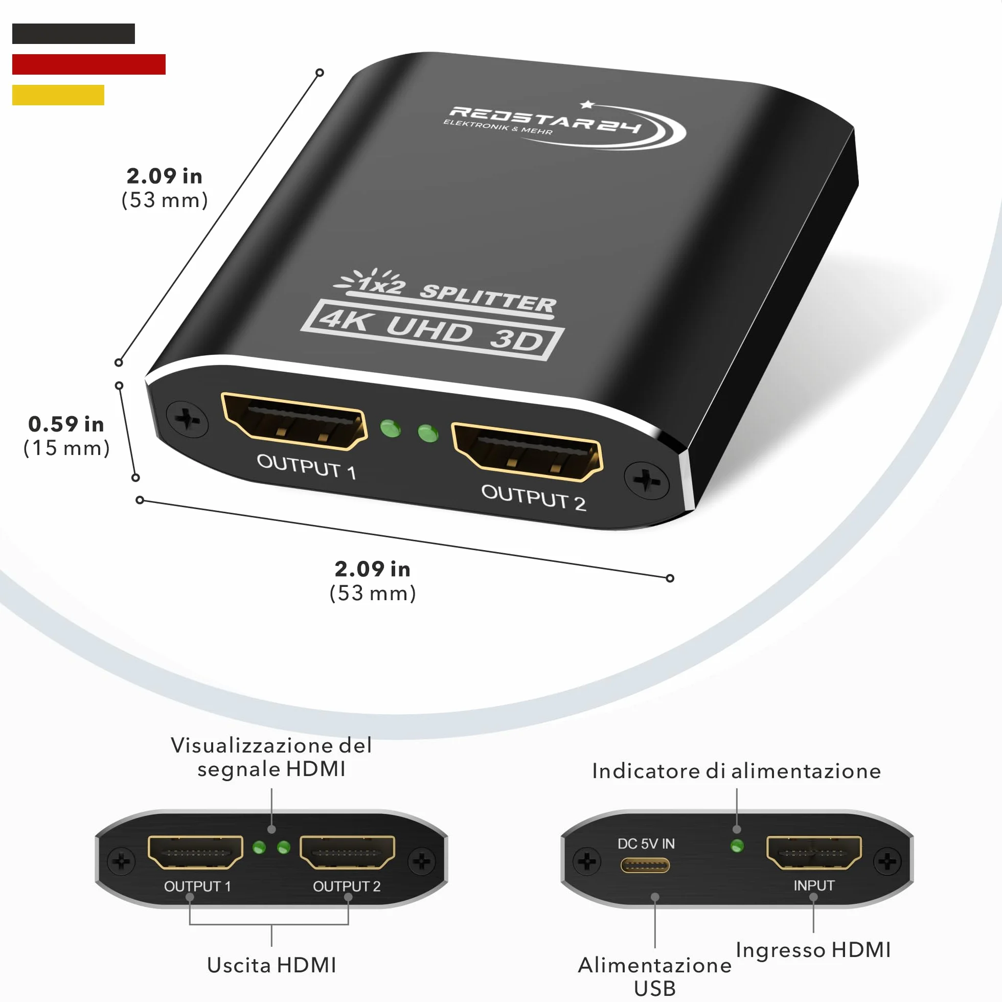 RedStar24 HDMI Splitter 1 In 2 Out 4K@60Hz, Ripartitore HDMI Supporta HDCP 4K 3D UHD 1080P