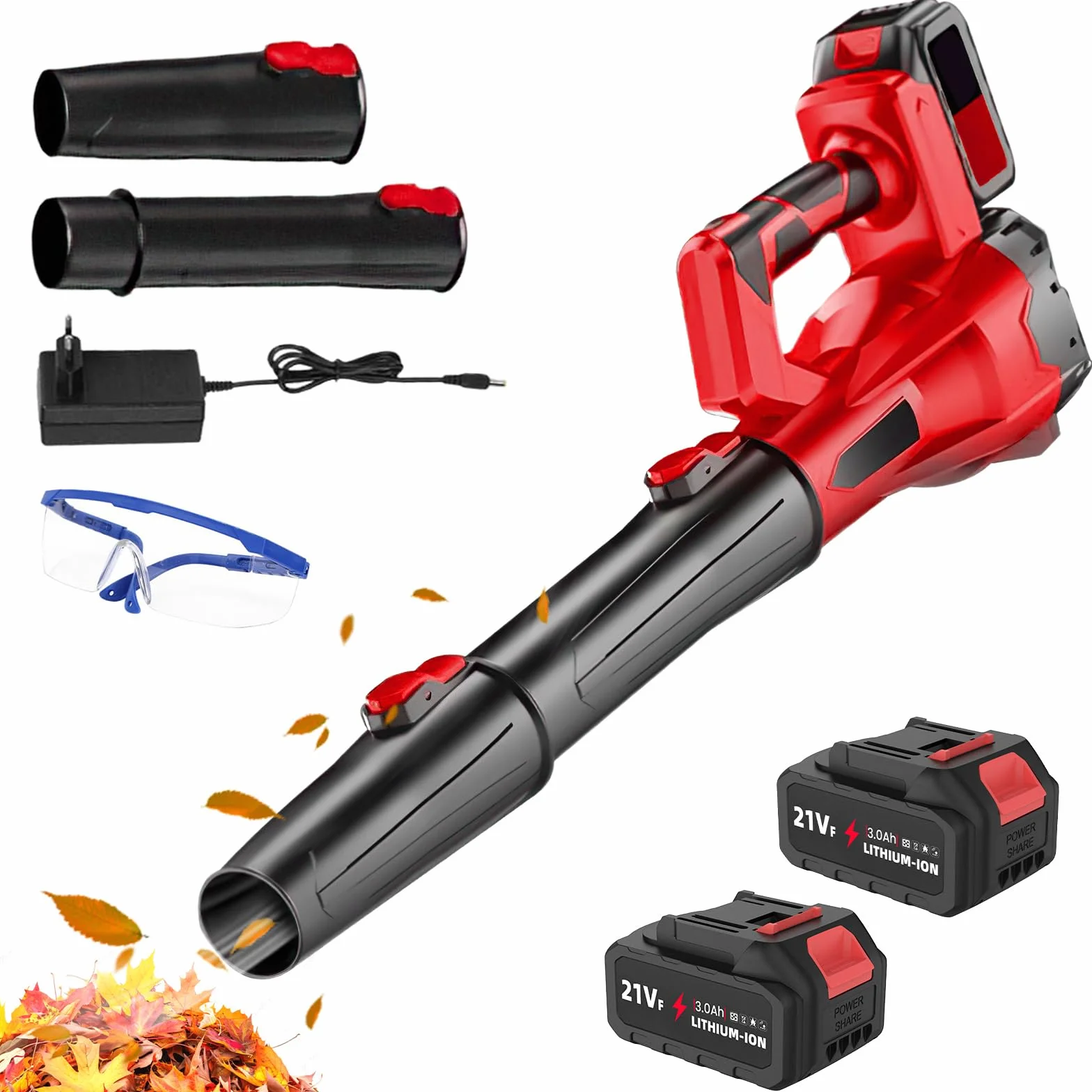 Soffiatore batteria 21 V, soffiatore di foglie senza fili con batteria e caricabatterie, 6 velocità, 210 km/h, soffiatore a foglia potente per giardino, manutenzione del prato e rimozione della neve