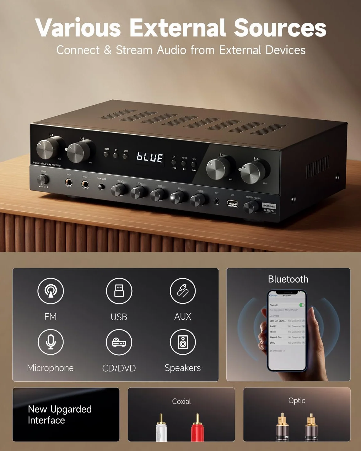 Donner Amplificatore Audio Hifi 4 Canali 1000W Bluetooth 5.0 FM USB RCA Ingresso Microfono Karaoke