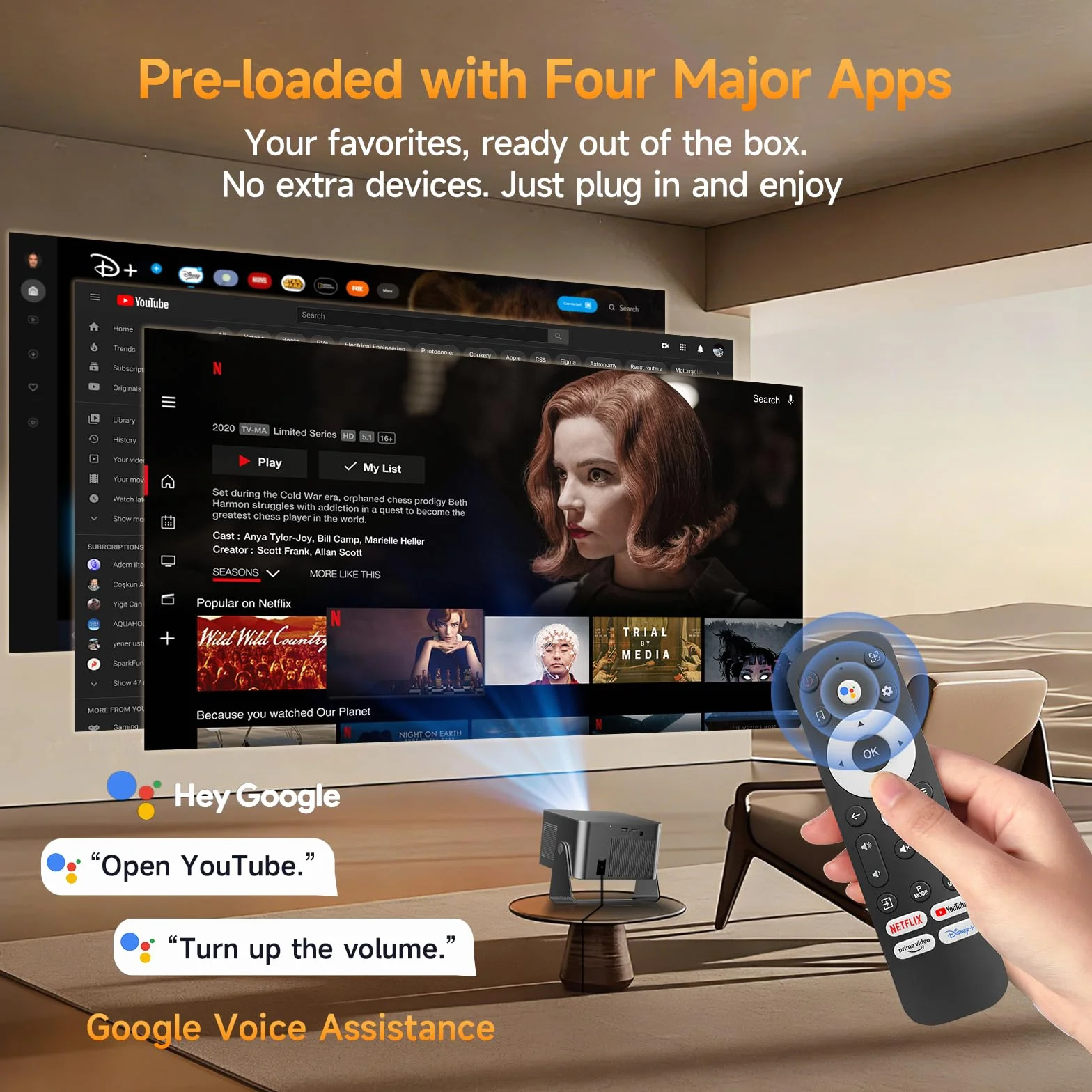 Proiettore 4K con Google TV, nativo Full HD 1080p, mini proiettore home theater, Bluetooth, WiFi, messa a fuoco automatica, correzione trapezoidale 6D