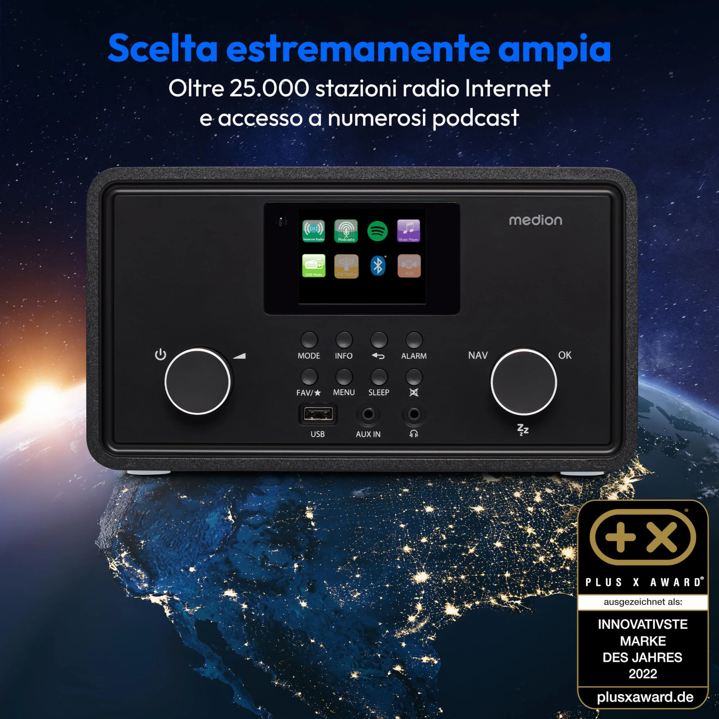 MEDION P85027 Internet radio DAB Plus FM Spotify Connect WLAN Bluetooth streaming equalizzatore display a colori USB AUX sveglia snooze sleep timer nero