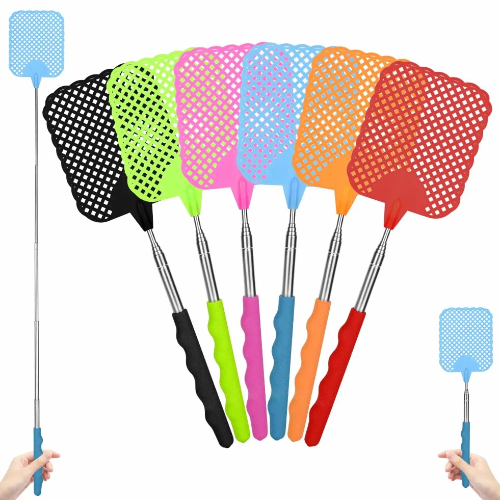 Scacciamosche Estensibile, 6 Pezzi Manuale Paletta Mosche Manico Telescopico Acciaio Inossidabile Regolabile da 26.5cm a 73cm Robusto Scaccia Mosche per Prevenire Mosche Zanzare (Multicolore)