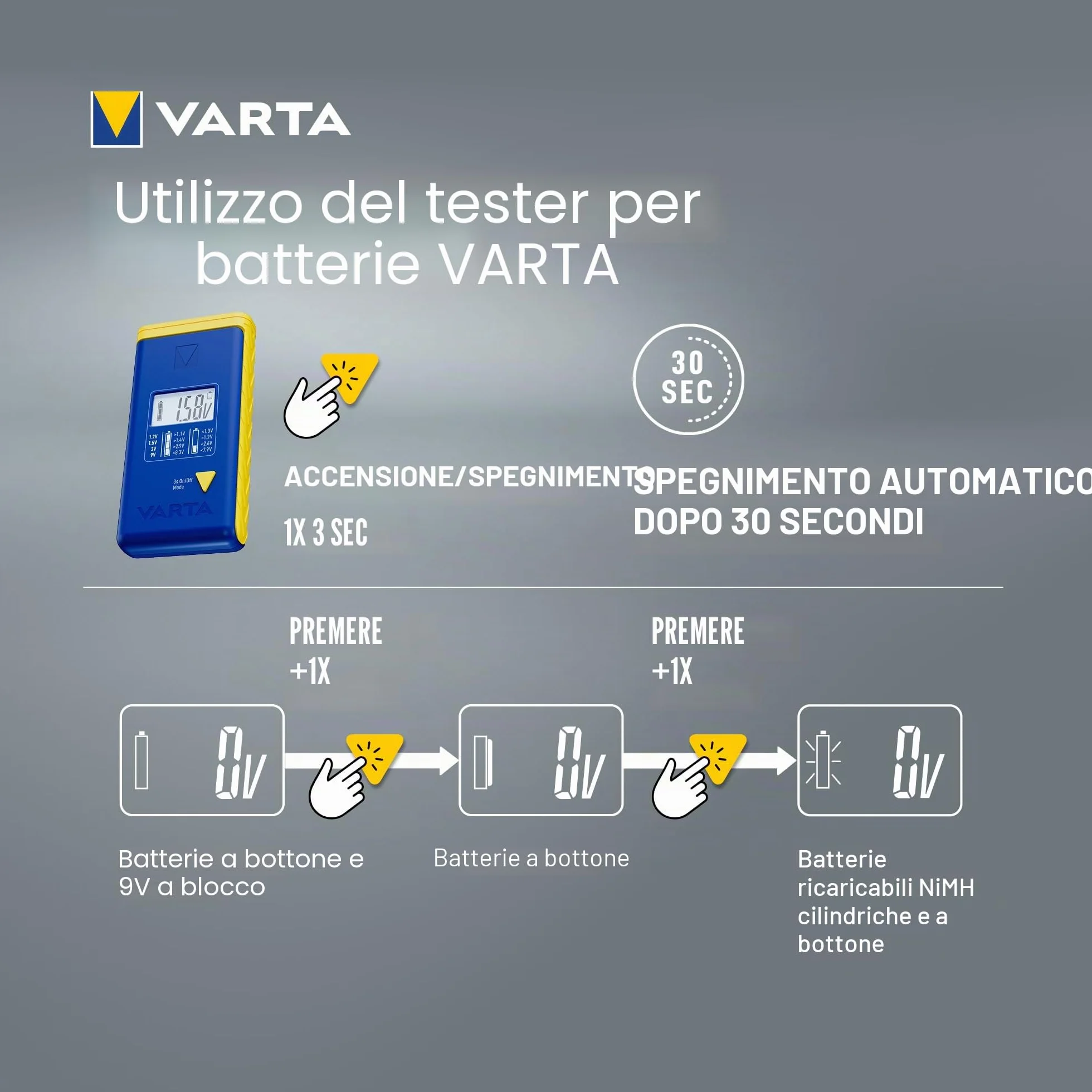 VARTA Tester Batterie LCD digitale per batterie AA AAA C D 9V LR44