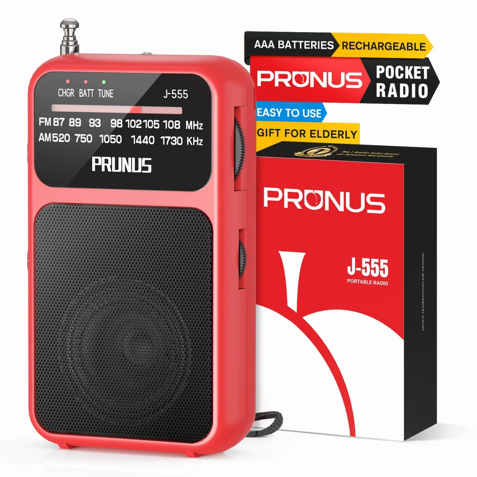 PRUNUS J-555 Radio Portatile Ricaricabile FM/AM con Batterie AAA, Jack, Clip Posteriore Rosso