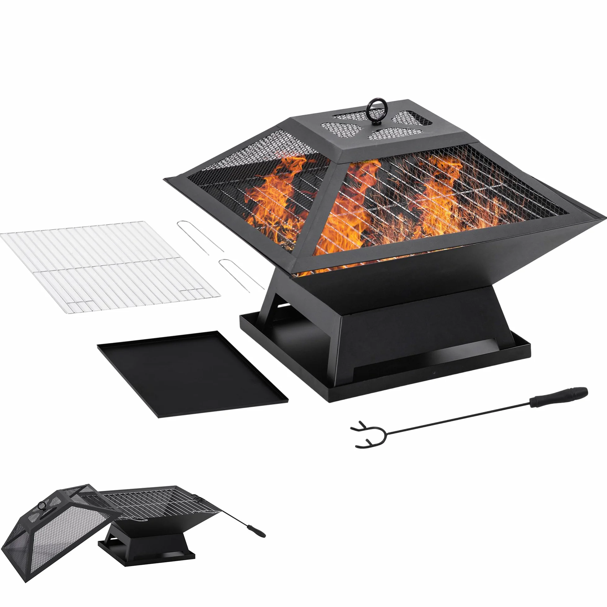 Outsunny ciotola per fuoco con griglia parascintille cesto per fuoco a poker per giardino campeggio BBQ acciaio nero 45 x 45 x 34 cm
