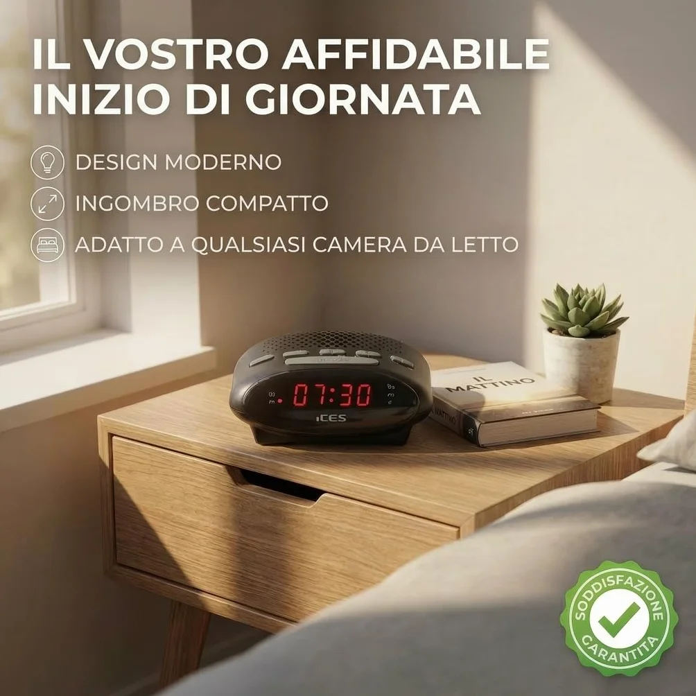 Ices ICR-210 Nero Radiosveglia FM PLL Design Moderno