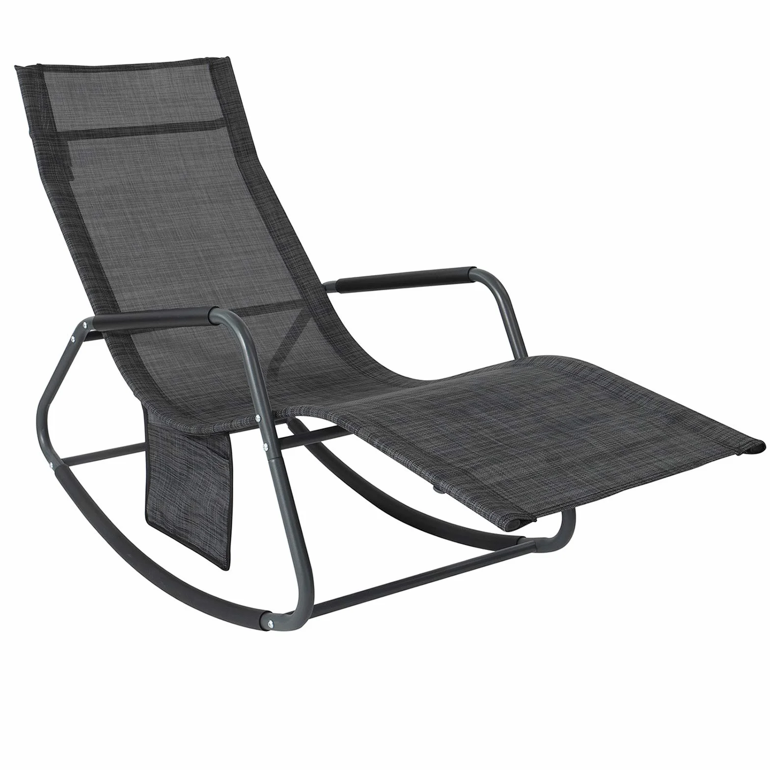 SoBuy Dondolo da Giardino Sedia a Dondolo da Esterno Lettino Prendisole con Tasca Laterale Poltrona da Giardino Sdraio per Patio Balcone Campeggio Spiaggia Nero/Grigio 143x57x85 cm OGS47-MS