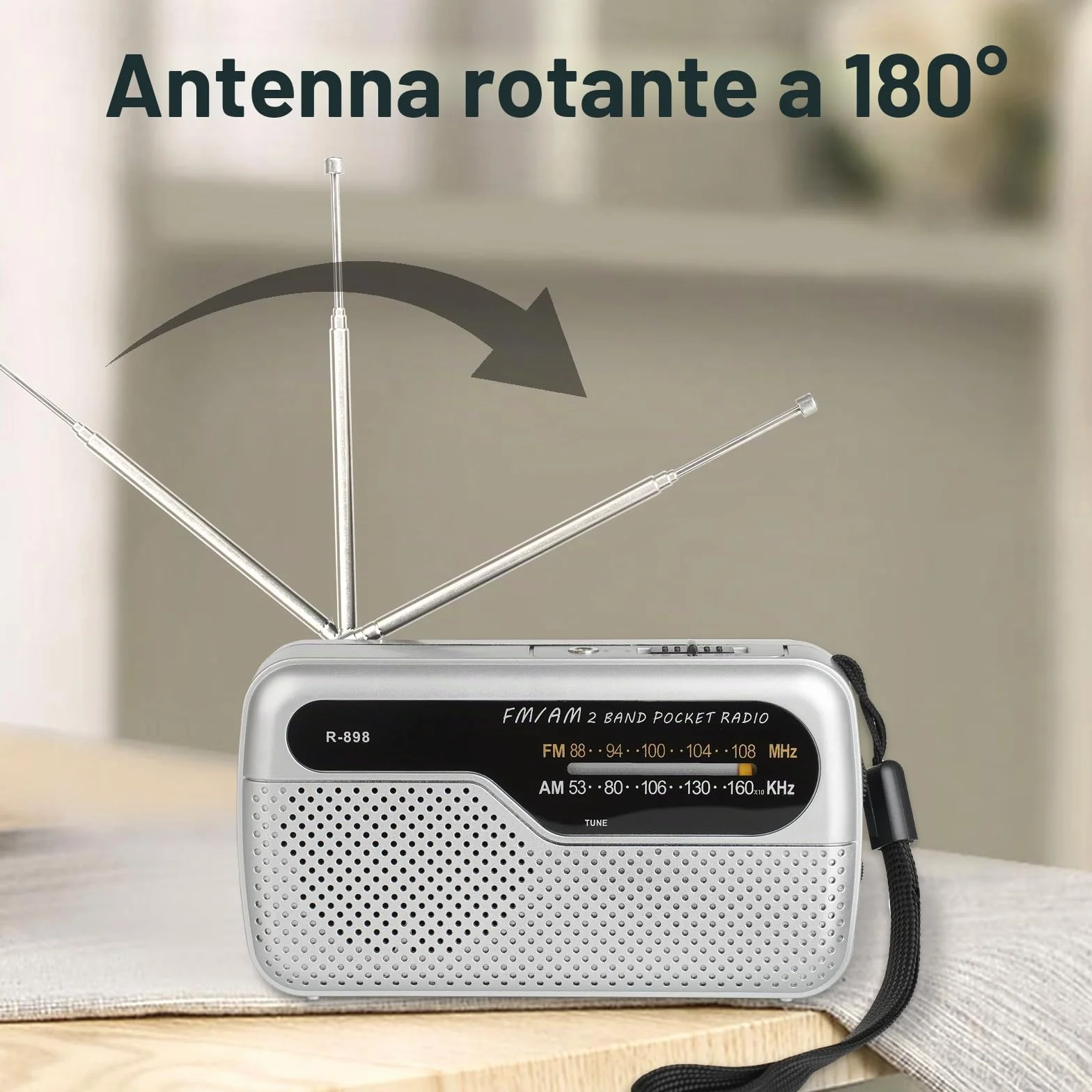 Radio portatile FM transistor con altoparlante potente, funziona con 2 batterie AA, argento