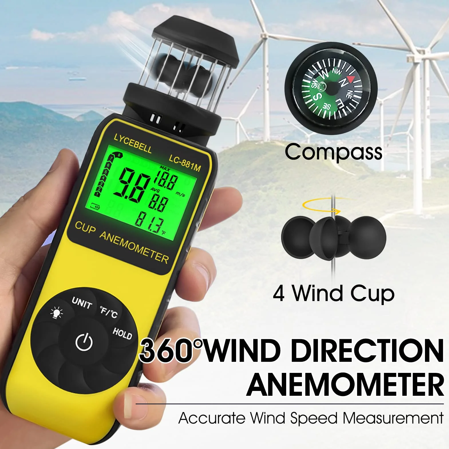 ‌Anemometro Digitale Portatile LC-881M, Misuratore di Velocità del Vento e Temperatura con Bussola Integrata, 360° Direzione Vento per Esterni, Droni, Nautica, Surf, Pesca, Montagna‌