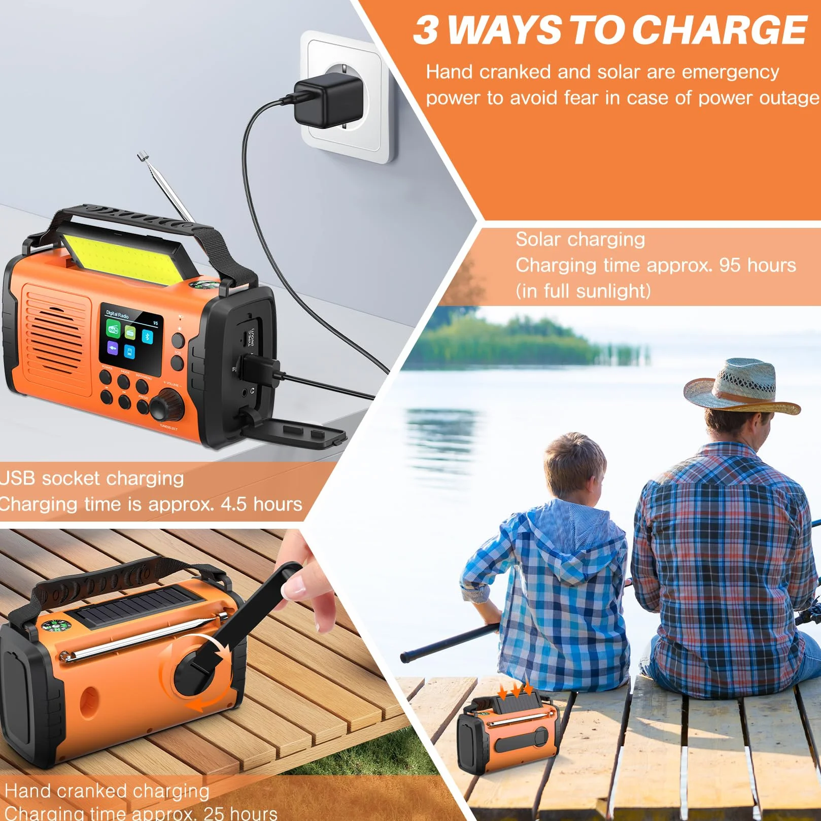 Radio A Manovella DAB+ FM 20000mAh Bluetooth Solare Emergenza con Sveglia, Torcia LED (Arancione)