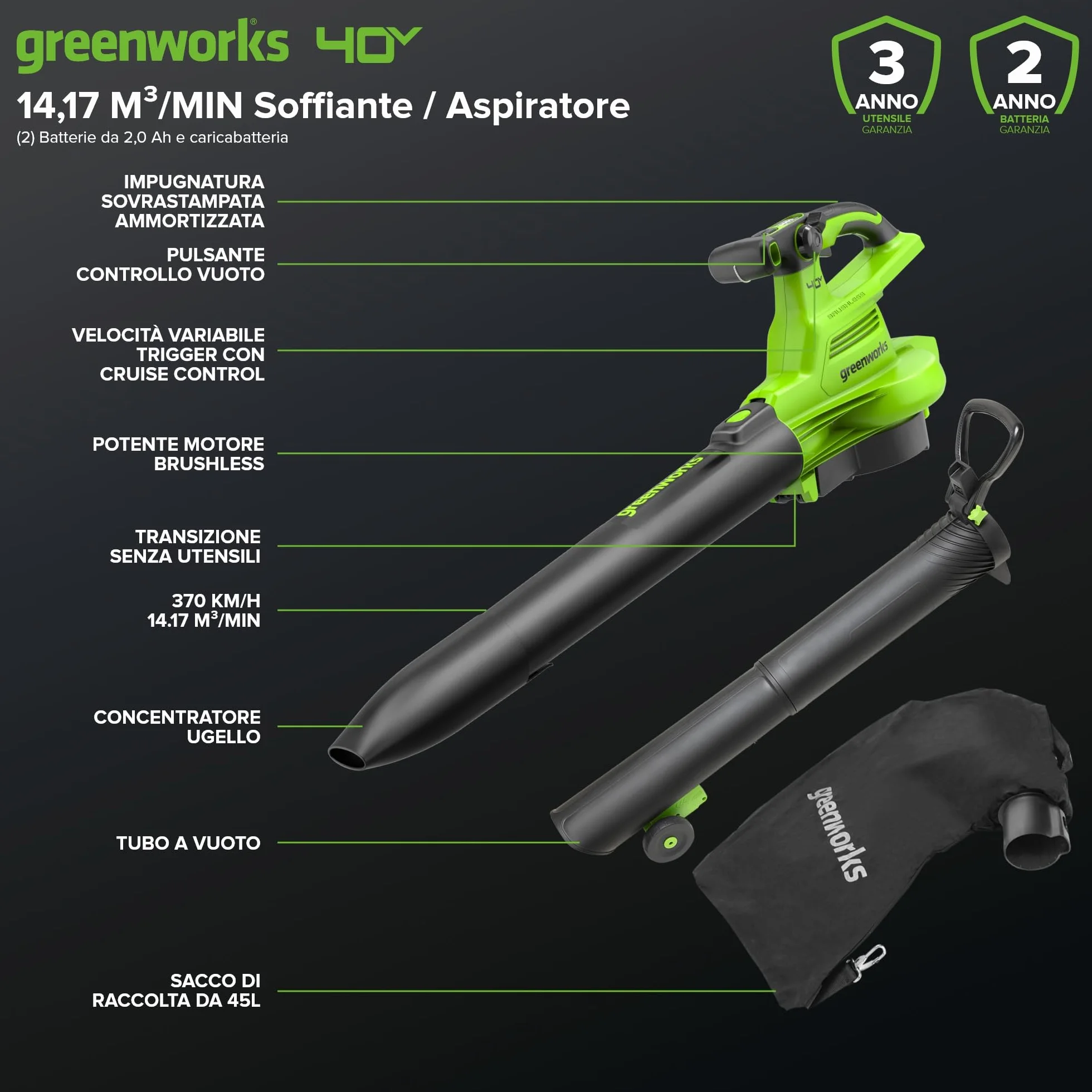 Greenworks 40V Aspiratore Soffiatore a Batteria per Foglie, Motore Brushless, 370km/h, 14.17 m³/min, Sacco di Raccolta da 45L, Due Batterie 2Ah e Caricabatterie, Garanzia 3 Anni GD40BVIIK2X