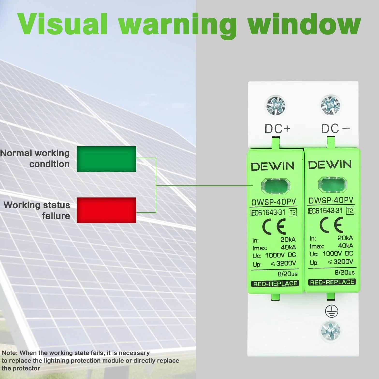 DEWIN Scaricatore di Sovratensione 2P 40KA DC 1000V Fotovoltaico Protezione Fulmini