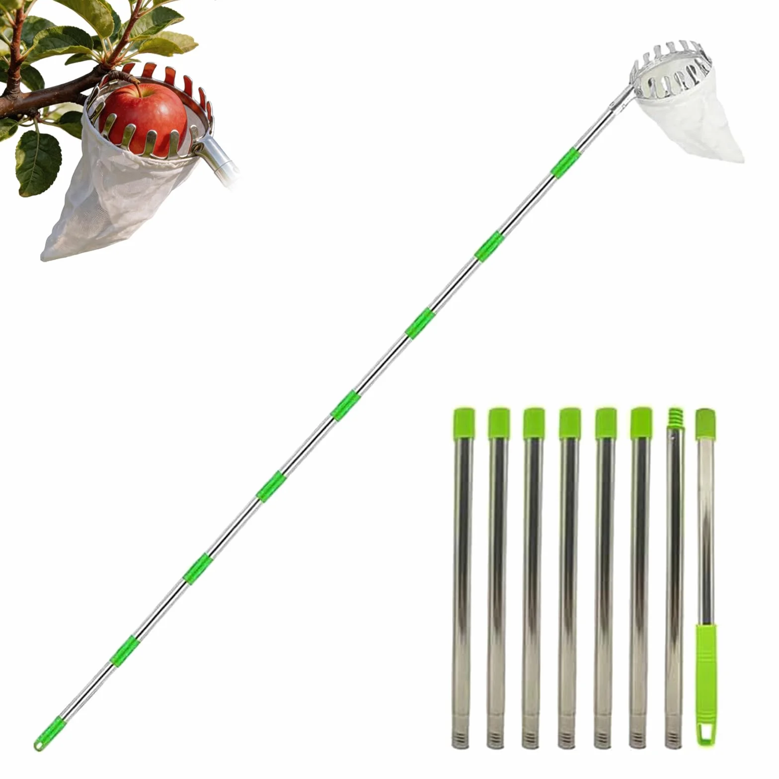 Raccoglifrutta Telescopico 3.2 m Diametro 16 cm, Raccogli Frutta con Palo in Acciaio Inox e Sacchetto Cotone, Raccogli Mele Ciliegie Agrumi Pere Pesche, Raccoglitore Frutta Regolabile