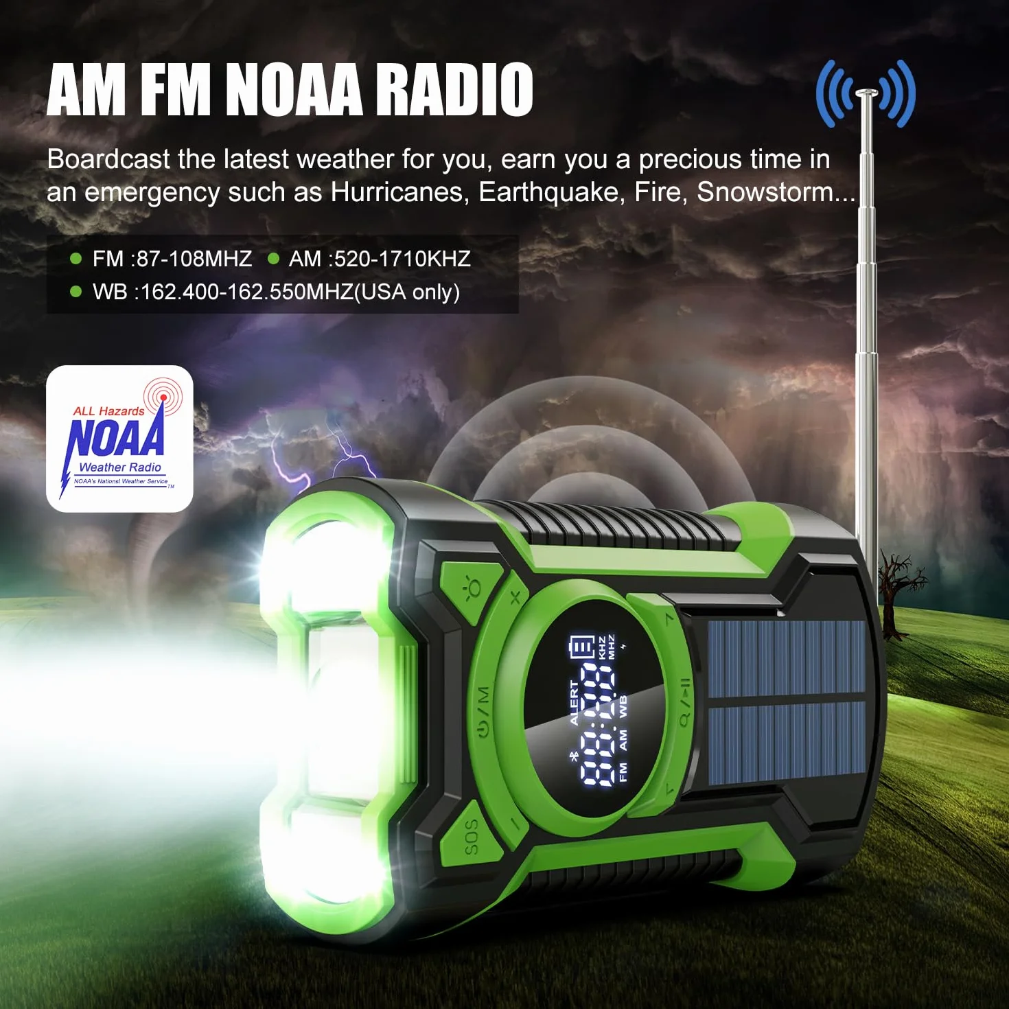 Radio di Emergenza 5000 mAh, Solare Impermeabile Bluetooth, Power Bank a Manovella con Torcia LED SOS