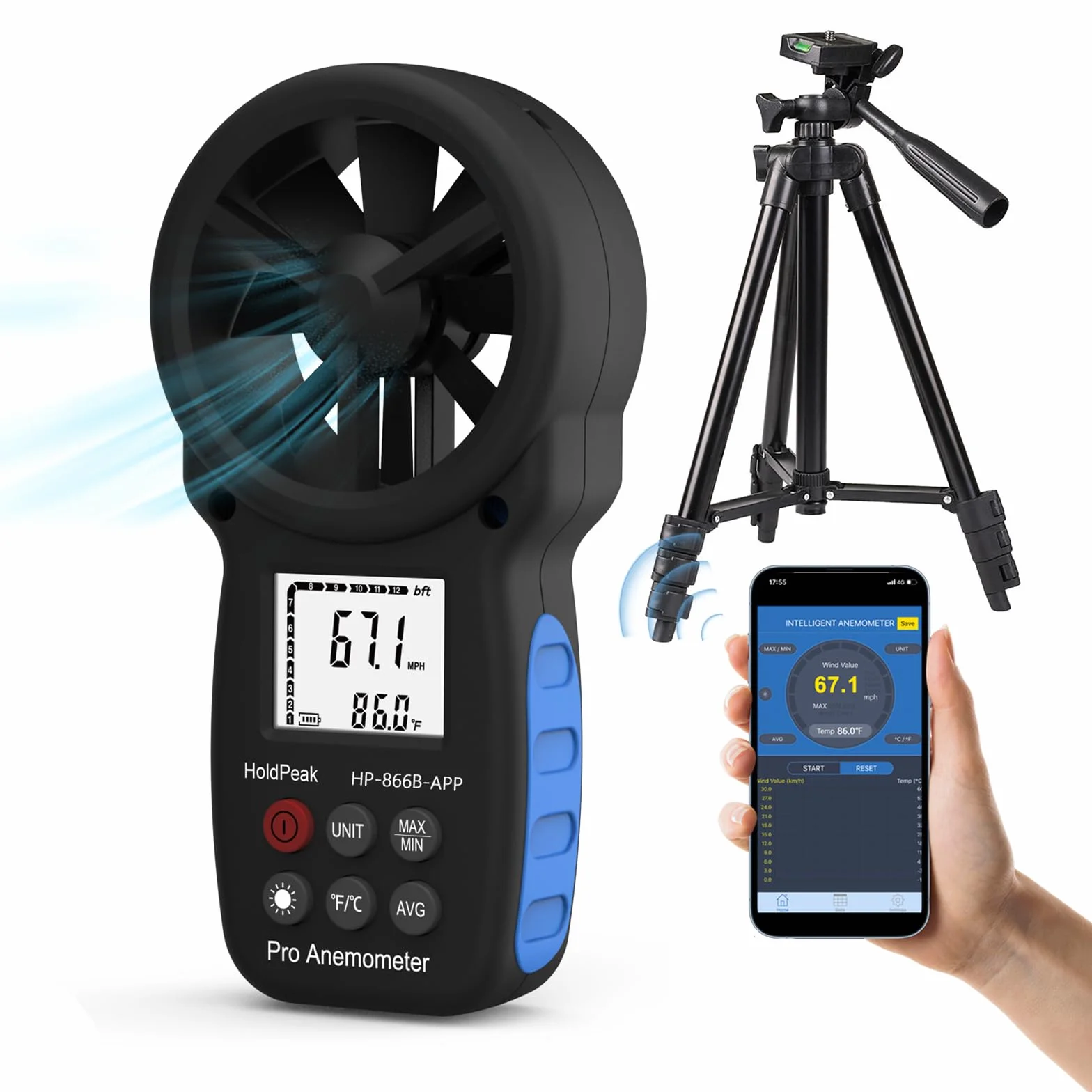 HoldPeak, anemometro portatile Bluetooth con supporto, misuratore di velocità del vento digitale, dispositivo di misurazione della temperatura del flusso d'aria CFM per HVAC per tiro a vela all'aperto