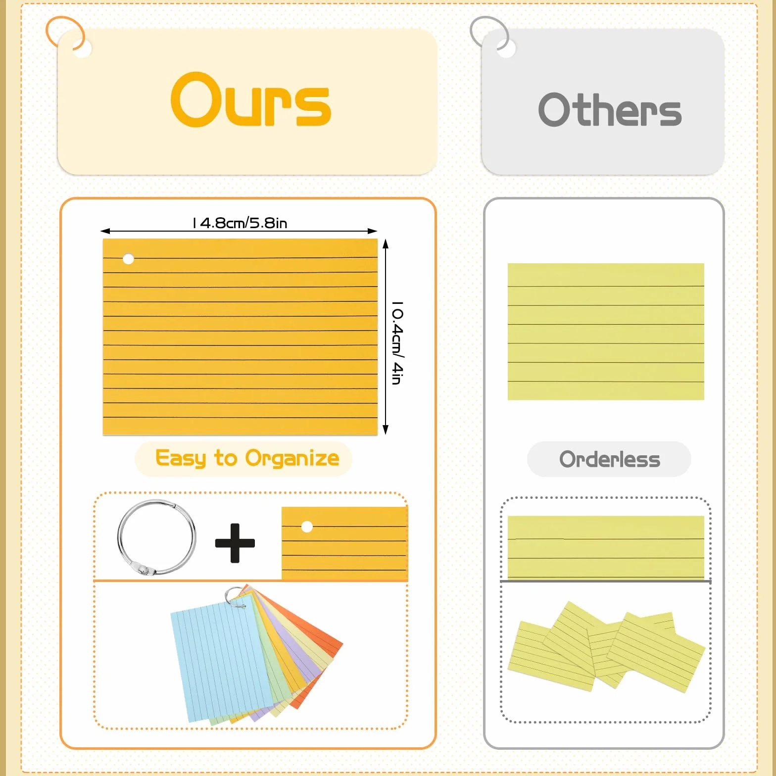 Thboxes 360 Pezzi Flashcards A6 a Righe, 150g/m² Carte Indice 6 Colori con Copertina Kraft e Anello, 14,8 x 10,5 cm per Apprendimento Vocabolario
