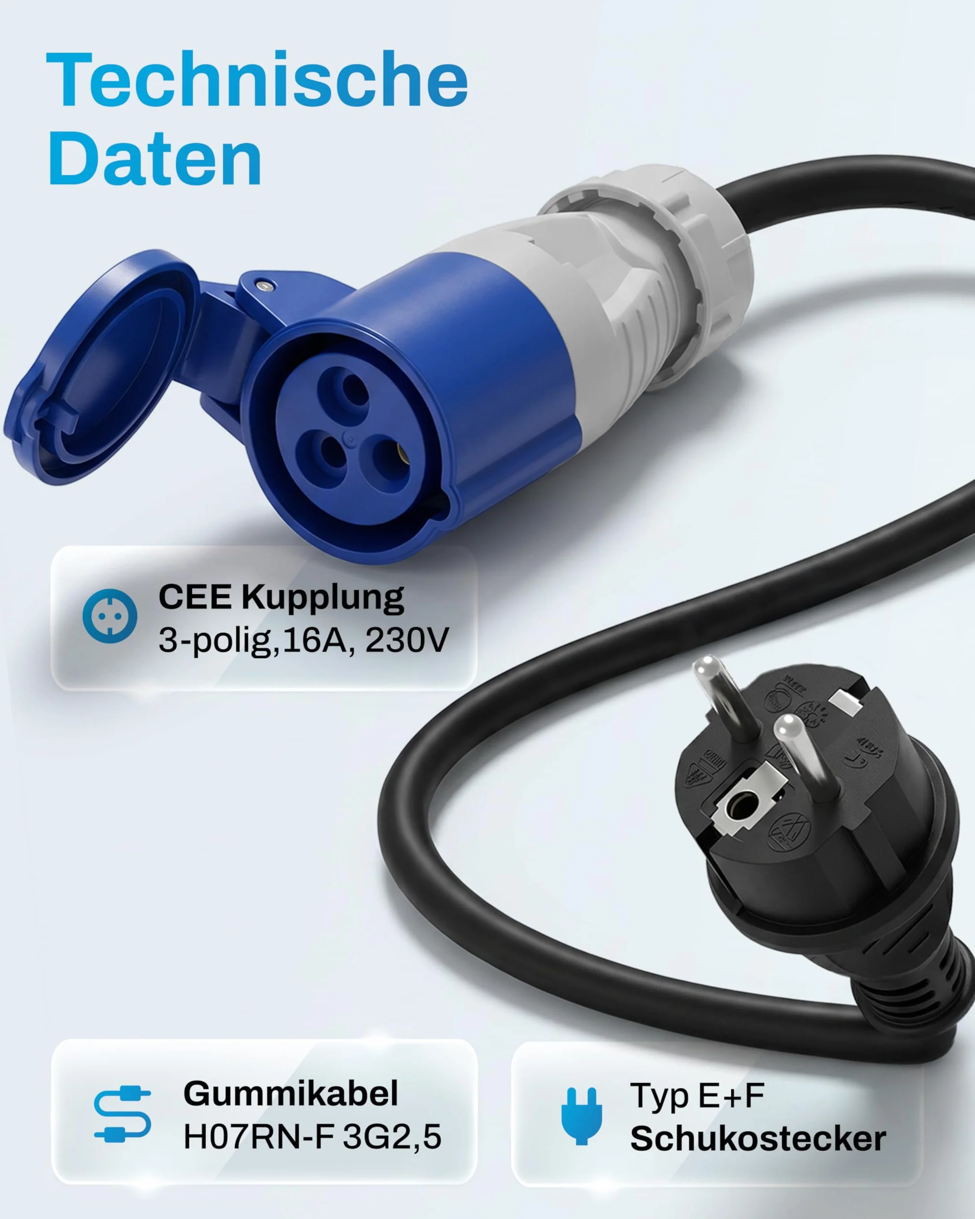Adattatore CEE spina Schuko a presa CEE, cavo 'campeggio', cavo IP44, prolunga, H07RN-F 3G2,5, adattatore 16A