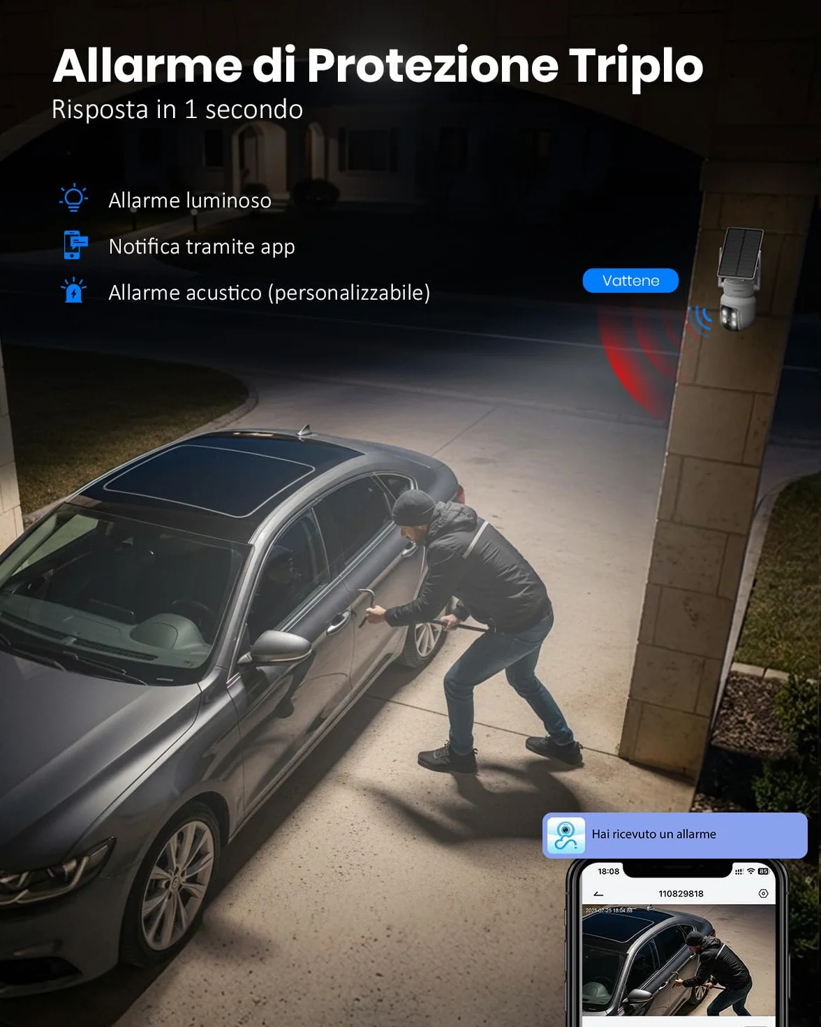 Telecamera Wi-Fi Esterno con Pannello Solare 2 in 1, 4MP/2.5K Senza Fili, 360°, Visione Notturna a Colori, Rilevamento PIR