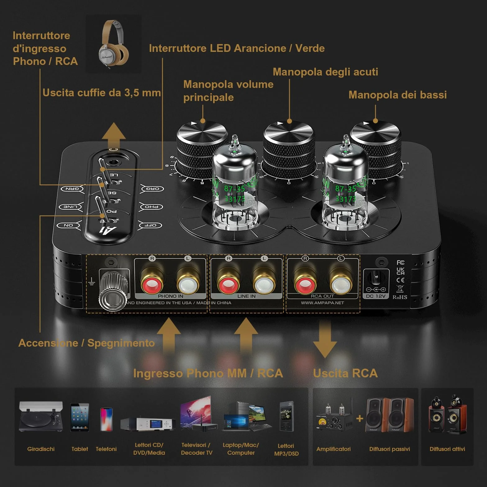 A1 Preamplificatore per Tubi Phono: Preamplificatore Audio Hi-Fi, Amplificatore per Cuffie, Giradischi MM