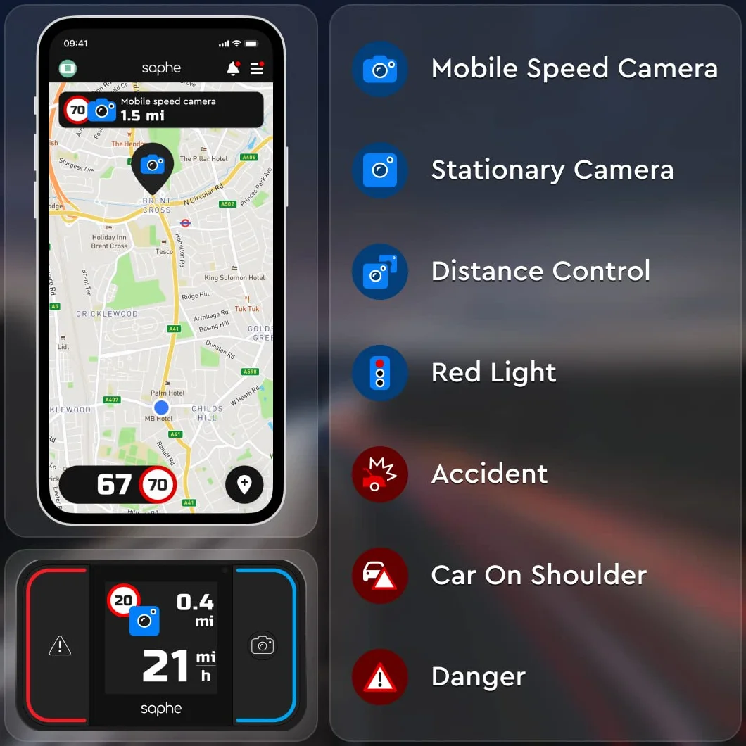 Saphe Drive Pro Rivelatore Autovelox con Display a Colori, Bluetooth, Accessori Auto