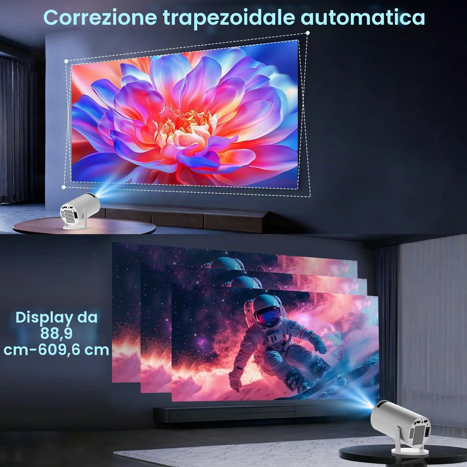 Mini Proiettore 4K 1080P WiFi 6 Bluetooth 5.4 Correzione Automatica Orizzontale Rotabile 180° Portatile HDMI TV Stick Laptop Bianco