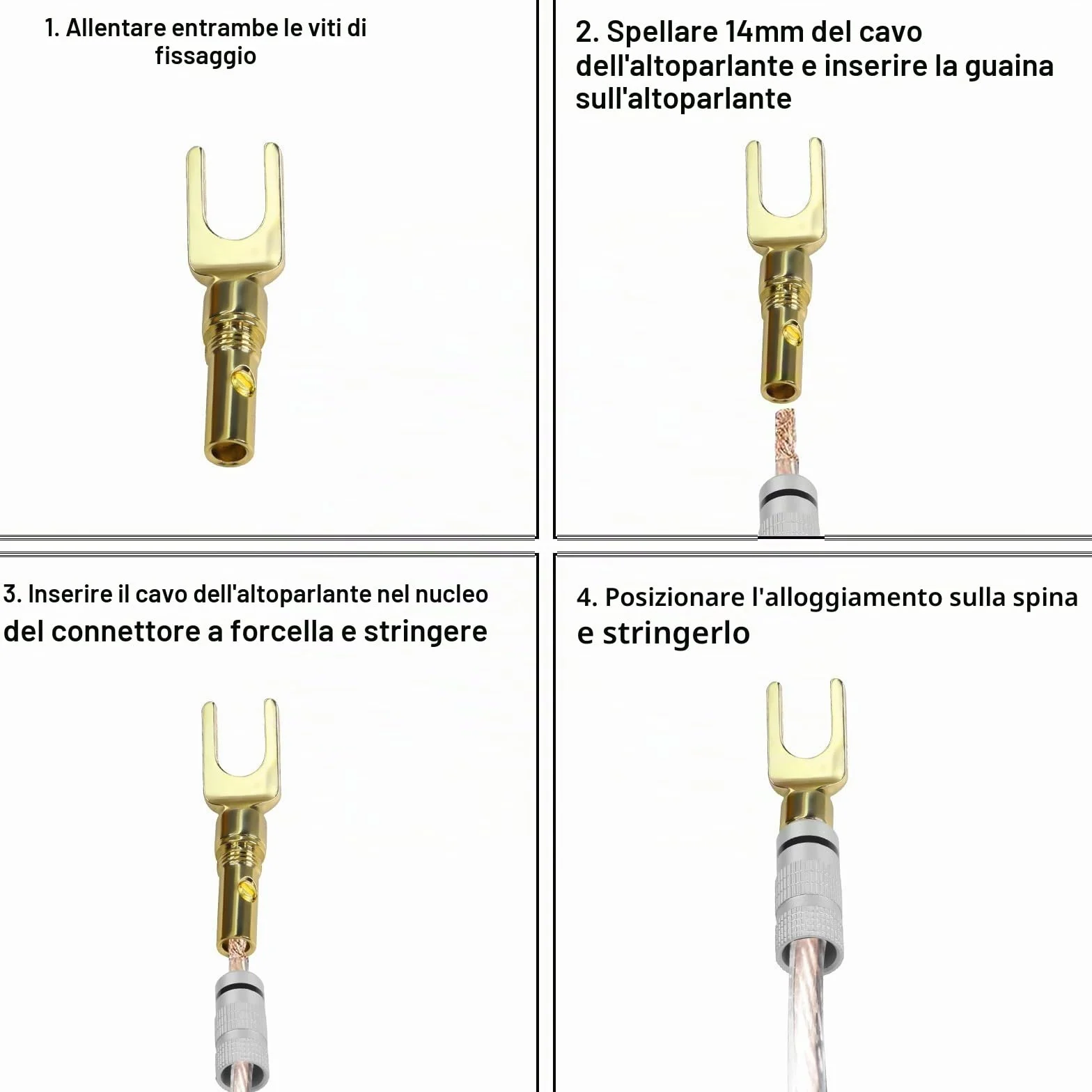 Connettore a forcella Y per altoparlante 24K placcato oro Spinotto 45 gradi per cavo microfono
