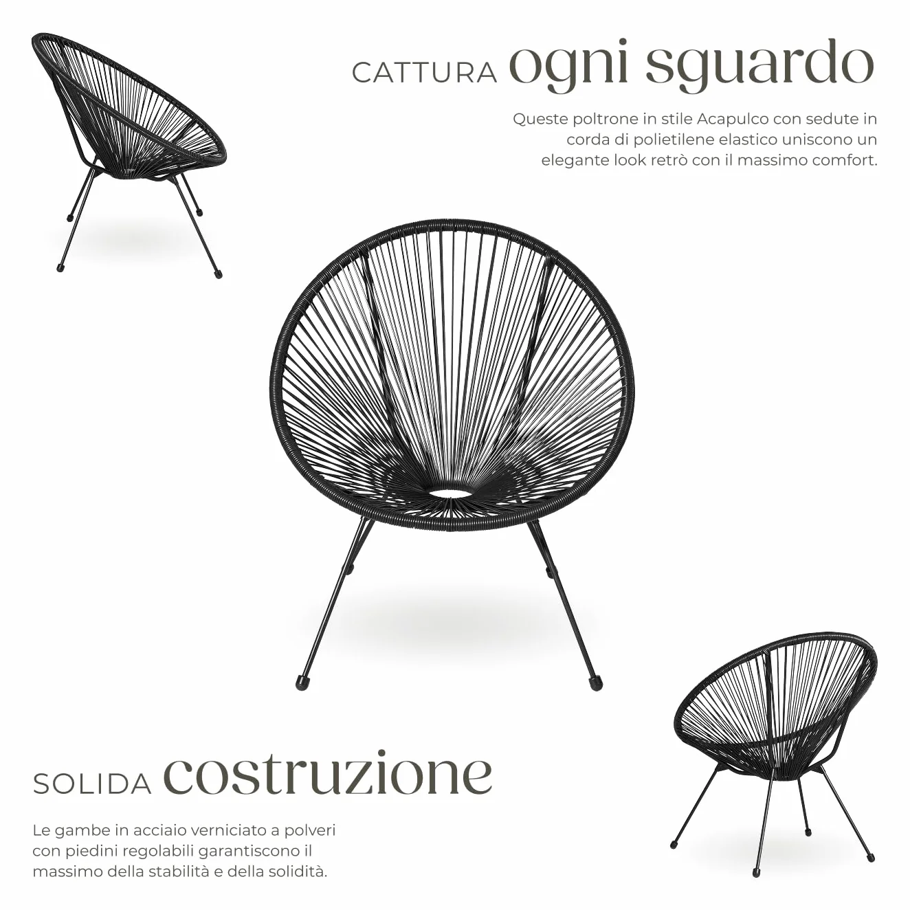 tectake® Set 2 Sedie Santana, Confortevole Set Sedie in Stile Retrò, Robusto Telaio in Acciaio, Corde Elastiche in Polietilene, Adatto per Interni ed Esterni - Nero