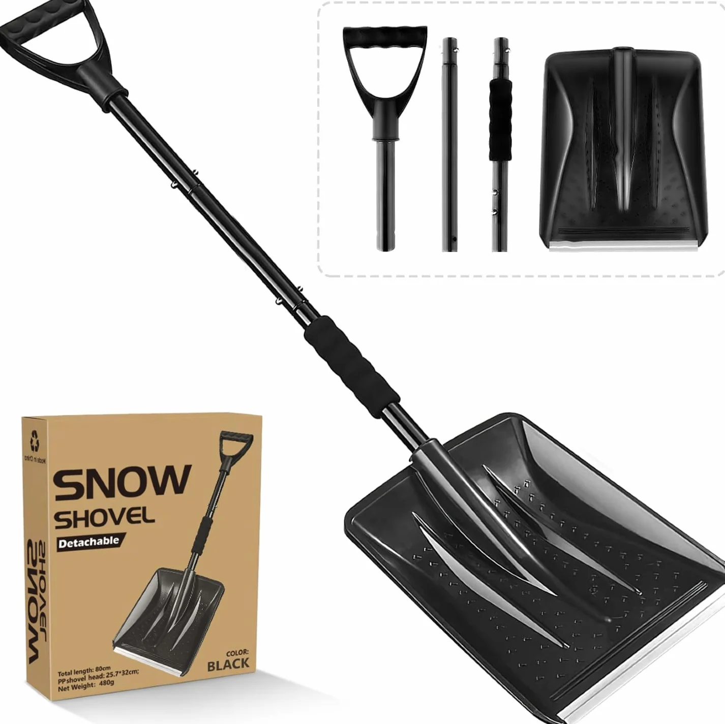 Pala da neve, 2025 New Upgrade capacità leggero bordo di alluminio portatile di rimozione della neve strumento, rimovibile tre parti regolabile lungo manico, utility invernale per auto di guida