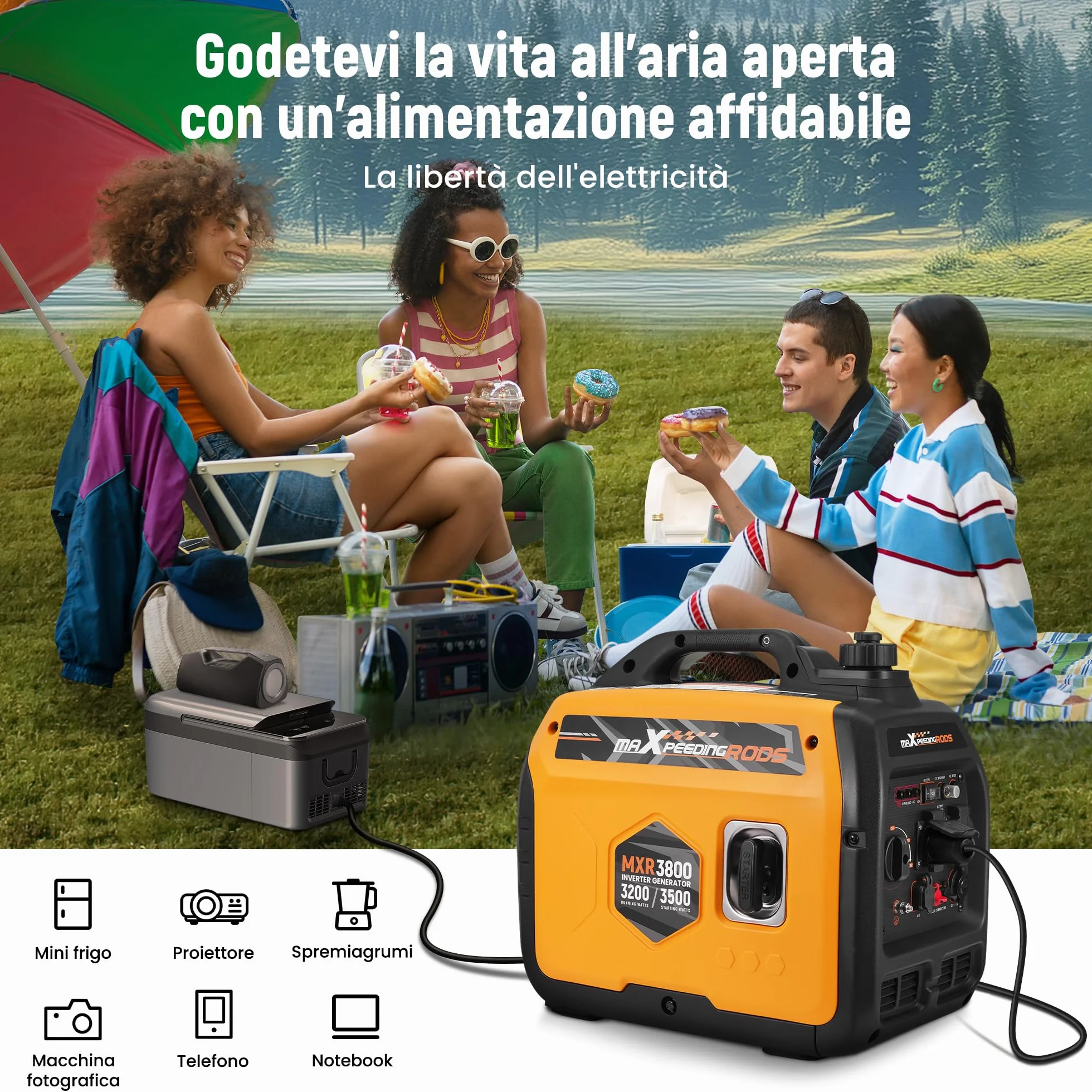 maXpeedingrods Generatore di Corrente 3500W, Portatile Generatore Inverter a Benzina 4 Tempi con 2 prese da 230 V / 2 USB / 1 presa da 12 V CC, Modalità ECO Per RV, Camper e Emergenze