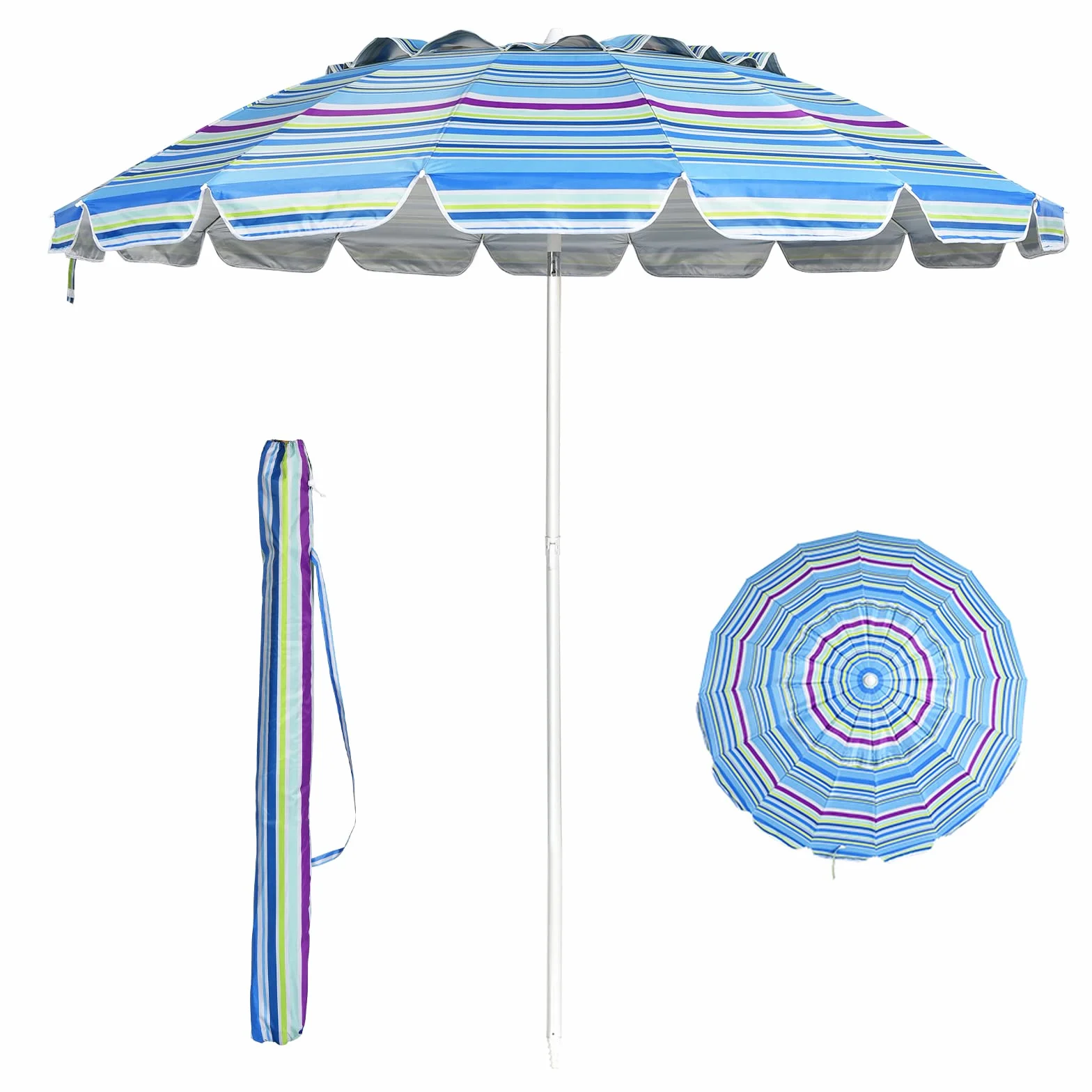RELAX4LIFE Ombrellone da Spiaggia e Esterno 2,43M, Tettuccio Inclinabile, Protezione Solare UV50+, Telaio a 16 Stecche in Fibra di Vetro, Base non Inclusa, per Mare/Giardino/Campeggio (Righe Fini)