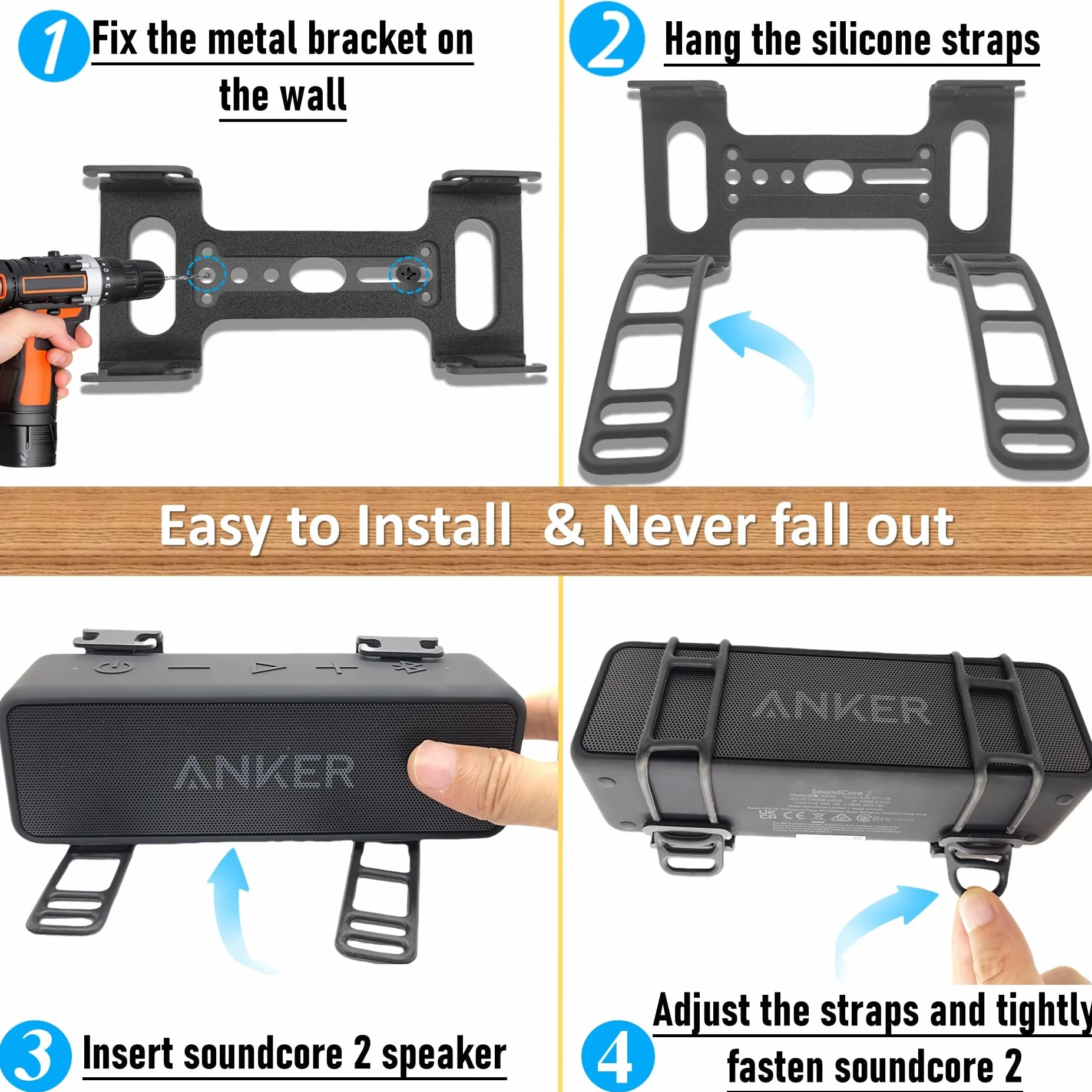 Anker Soundcore 2 Supporto da parete in metallo per altoparlante Bluetooth portatile con cinghie in silicone regolabili