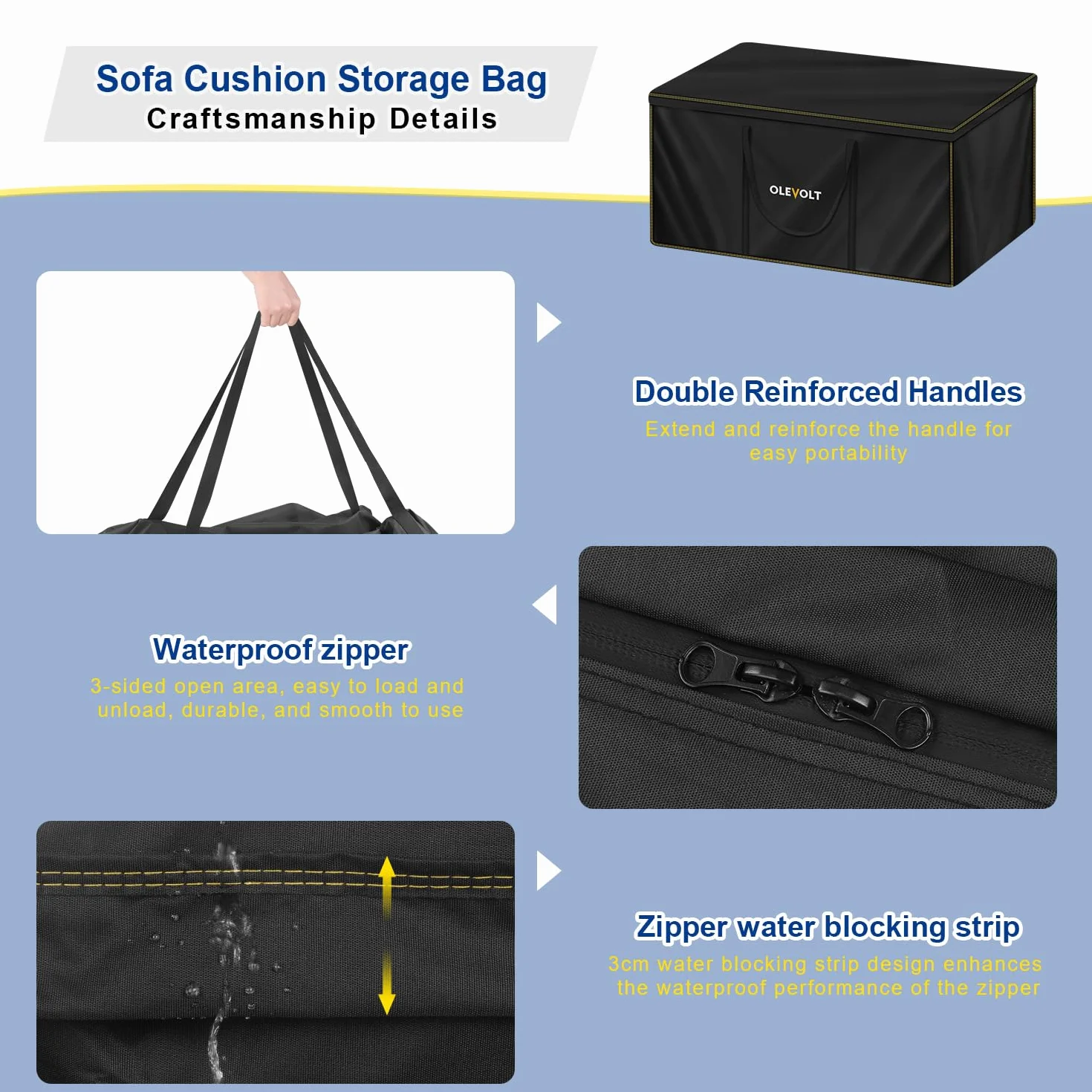 Borsa per Cuscini da Giardino Sacca per albero di Natale Tessuto Oxford 600D Impermeabile Custodia per Cuscini da Giardino Borsa di Stoccaggio per Esterni con Cerniera 100x33x55cm