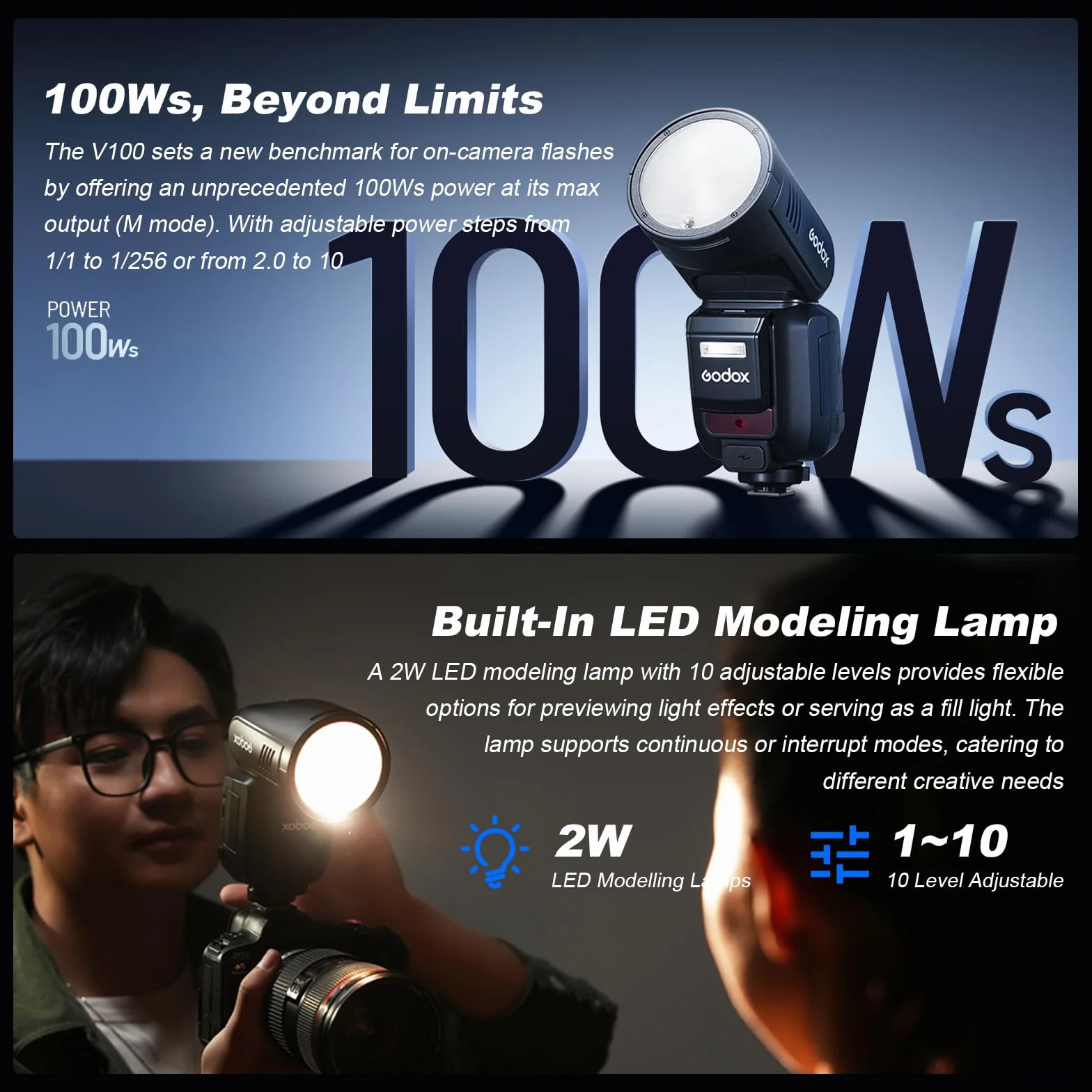 GODOX V100S Flash V100-S 100W Testa Rotonda Speedlite 2.4G Wireless per Sony