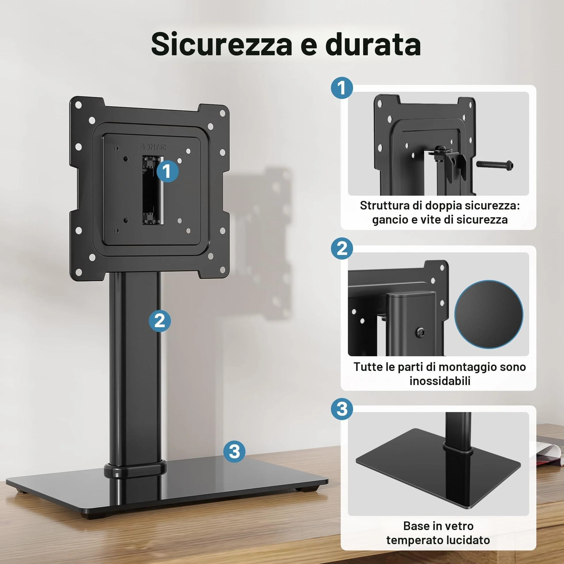 BONTEC Supporto TV da Tavolo 23-42" Regolabile in Altezza e Rotazione Base Vetro Temperato VESA 200x200mm 30 kg