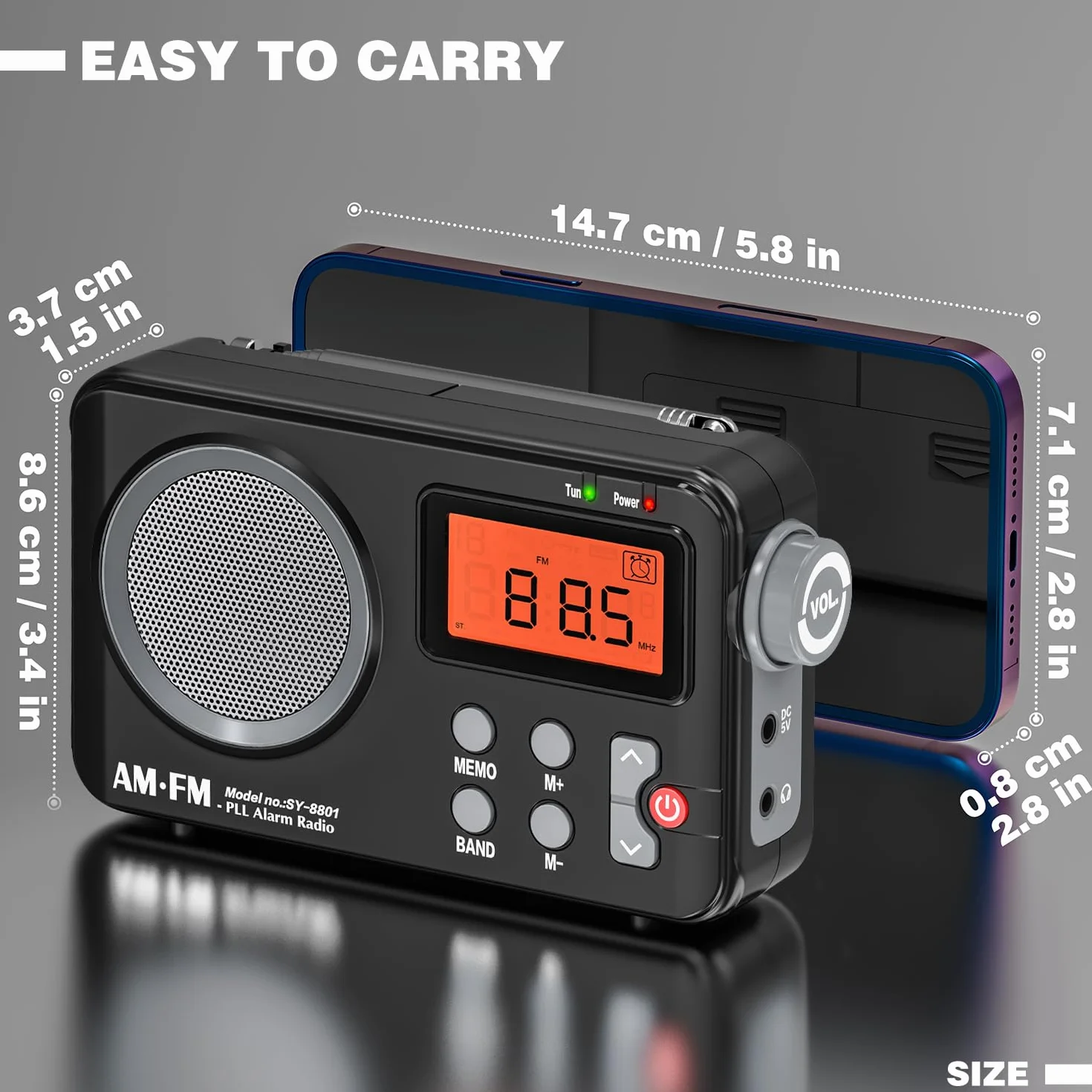Tendak Radio Portatili FM/AM, Radiolina Portatile Piccola, Radio a Pile, Schermo Grande, Sveglia, Timer, Radio a Transistor Alimentata via USB - Nero