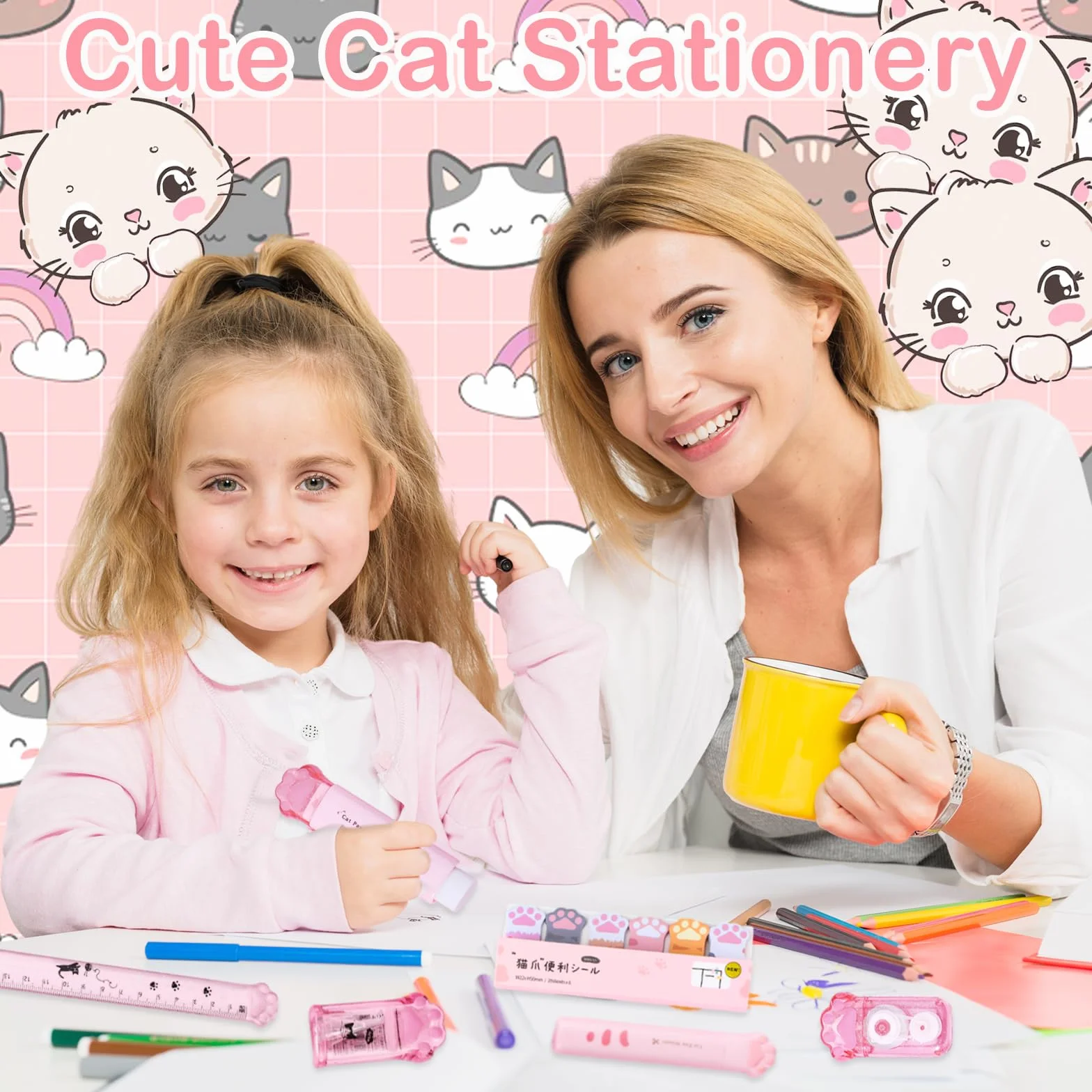 TIESOME Zestaw artykułów biurowych w kształcie łapy kota, 7 sztuk, Kawaii, temperówka, gumka, taśma korekcyjna, karteczki samoprzylepne, linijka, wkład
