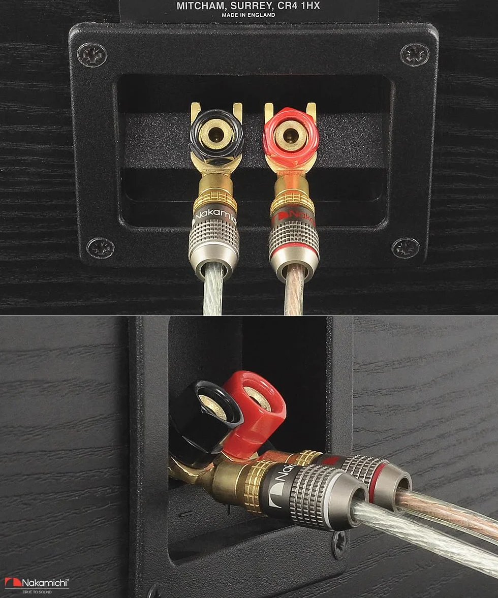 Nakamichi FanLock Excel Series 24k placcato oro connettore a forcella spina a banana 10 AWG - 18 AWG 4mm per altoparlanti amplificatore Hi-Fi, 8 pezzi