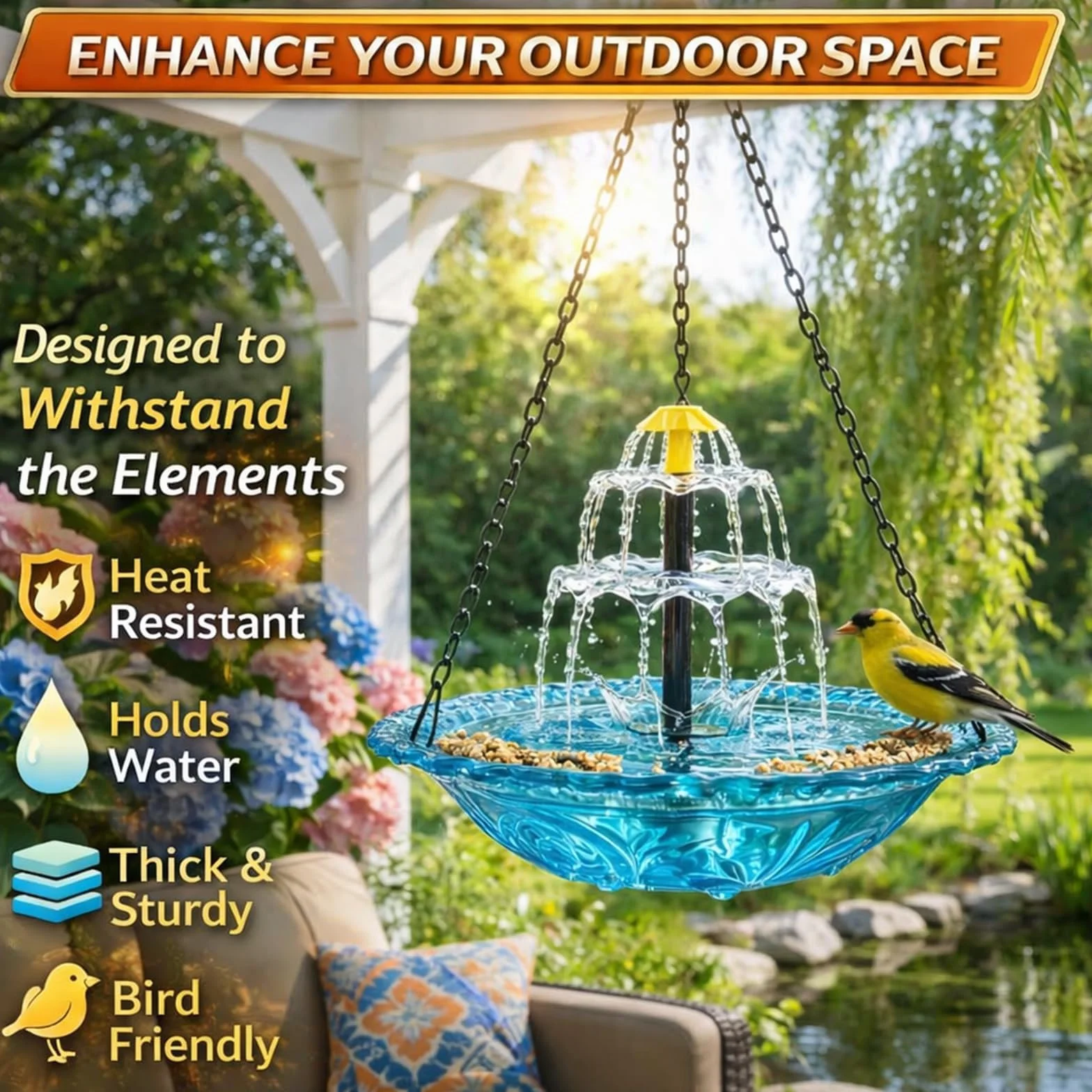 Vaschetta per Uccelli Appendibile con Fontana Solare a Cascata, Vaschetta per Uccelli con Pompa Solare Appendibile, Acqua Appendibile, Attrae Colibrì e Uccelli Selvatici, Decorazione da Giardino