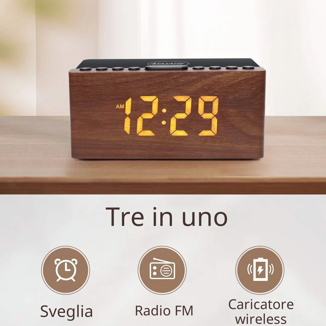 ANJANK Radiosveglia Digitale con Radio FM, Stazione di Ricarica Wireless Veloce 10W per iPhone/Samsung Galaxy, Display LED, Dimmer 5 Livelli, USB