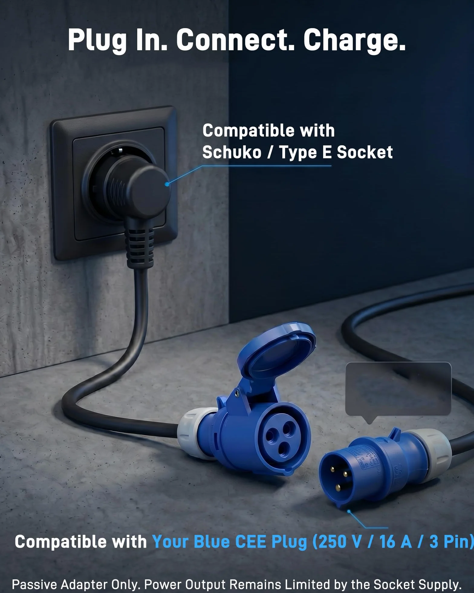 Adattatore CEE Spina Schuko a Presa CEE Blu 16A 3 Poli (50 cm, IP44, Max 16A, 3G2,5 mm²) - per Caricatori per Auto Elettriche, Wallbox Portatili e Stazioni di Ricarica Mobili da 3,7 kW