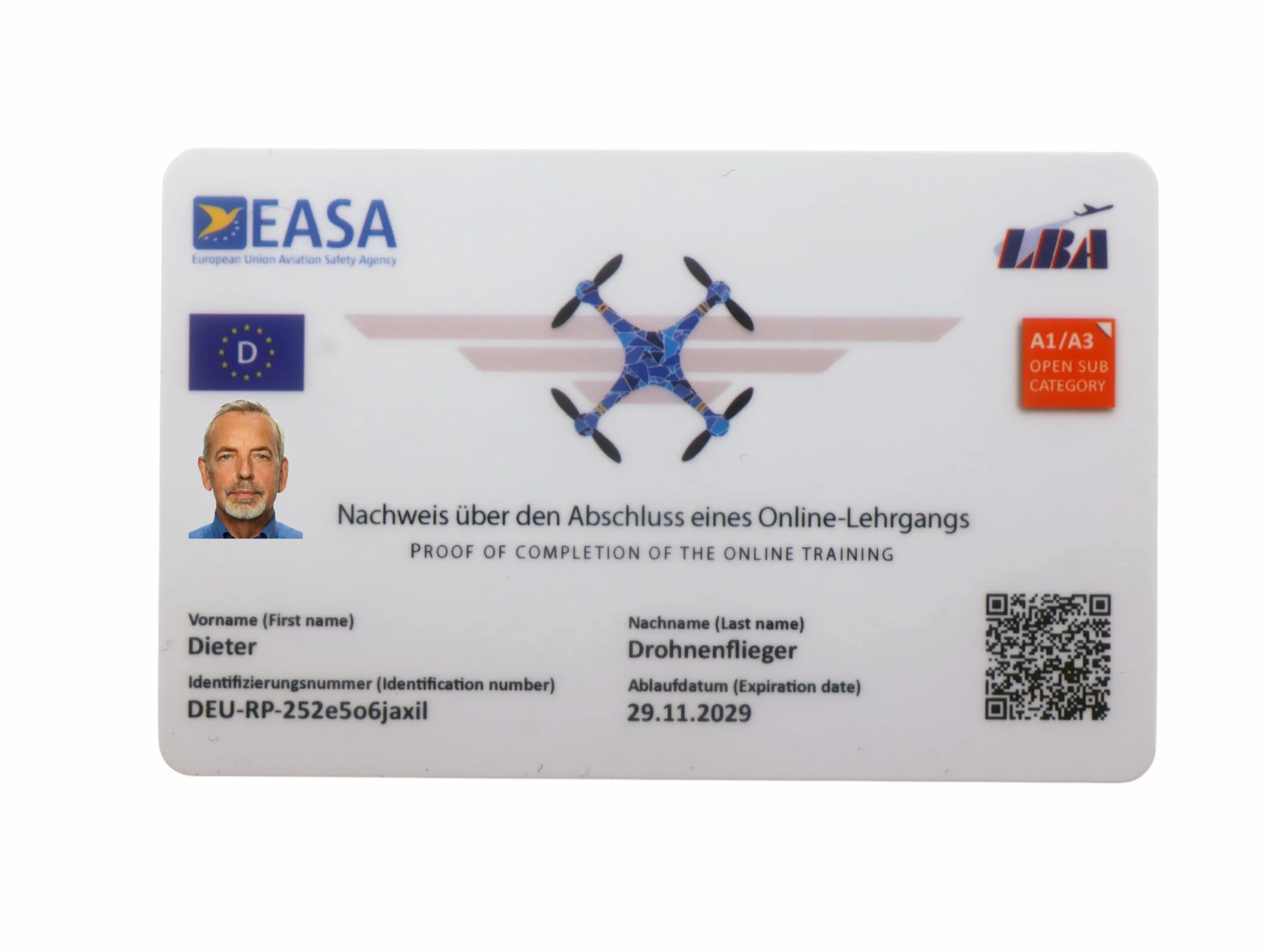 Patente per droni con codice QR ID foto certificato competenza licenza A1-A3 A2 STS carta di plastica custodia carte EASA
