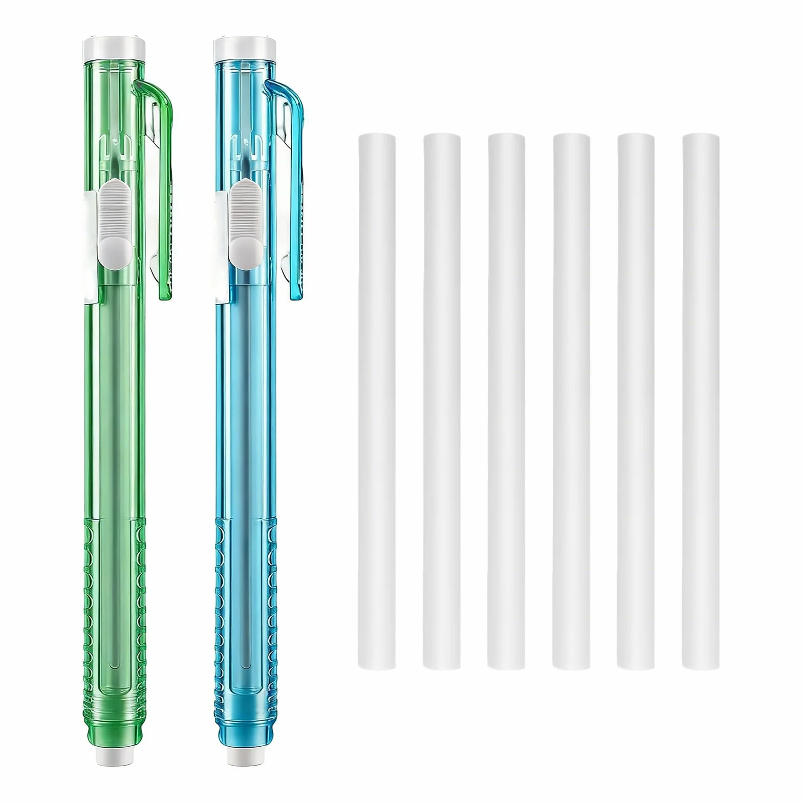 Gomme meccaniche retrattili set 2 con 6 ricariche penne precisione disegni scritture schizzi cancellabili blu verde