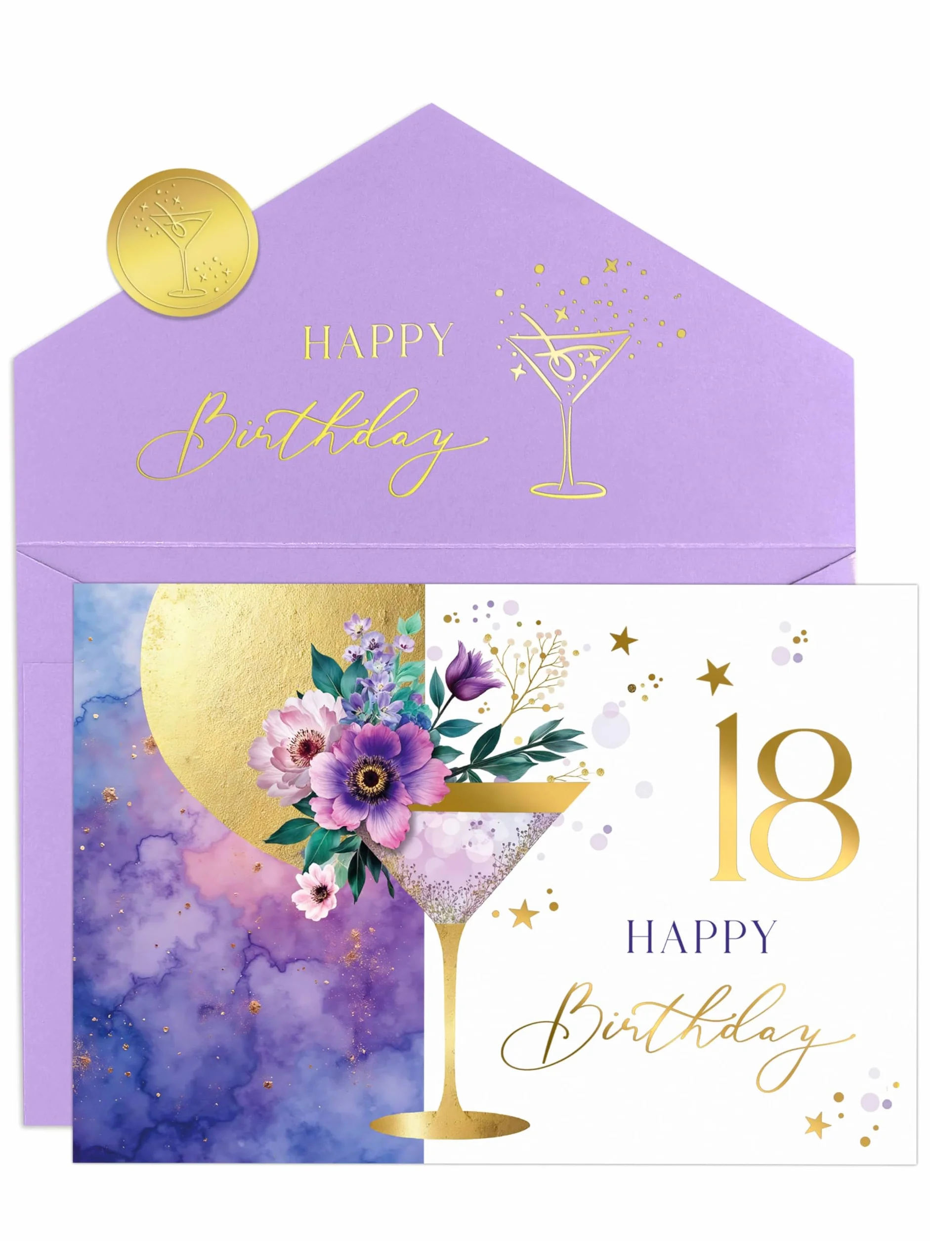 Joli Coon Biglietto auguri compleanno 18 ELEGANT – Biglietto pieghevole con illustrazione floreale di martini e busta pastello – 18 anni ragazza