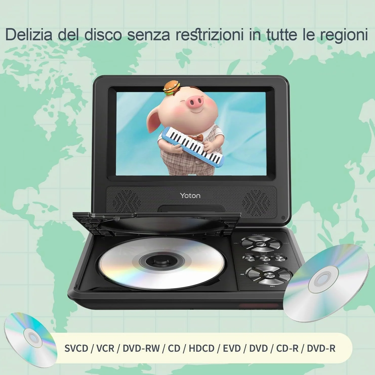 Yoton Lettore DVD Portatile 9,5" HD Schermo Girevole 7,5" Batteria 6 Ore Senza Regione Altoparlanti Potenziati Multiformato Dischi SD USB Sync TV Proiettore